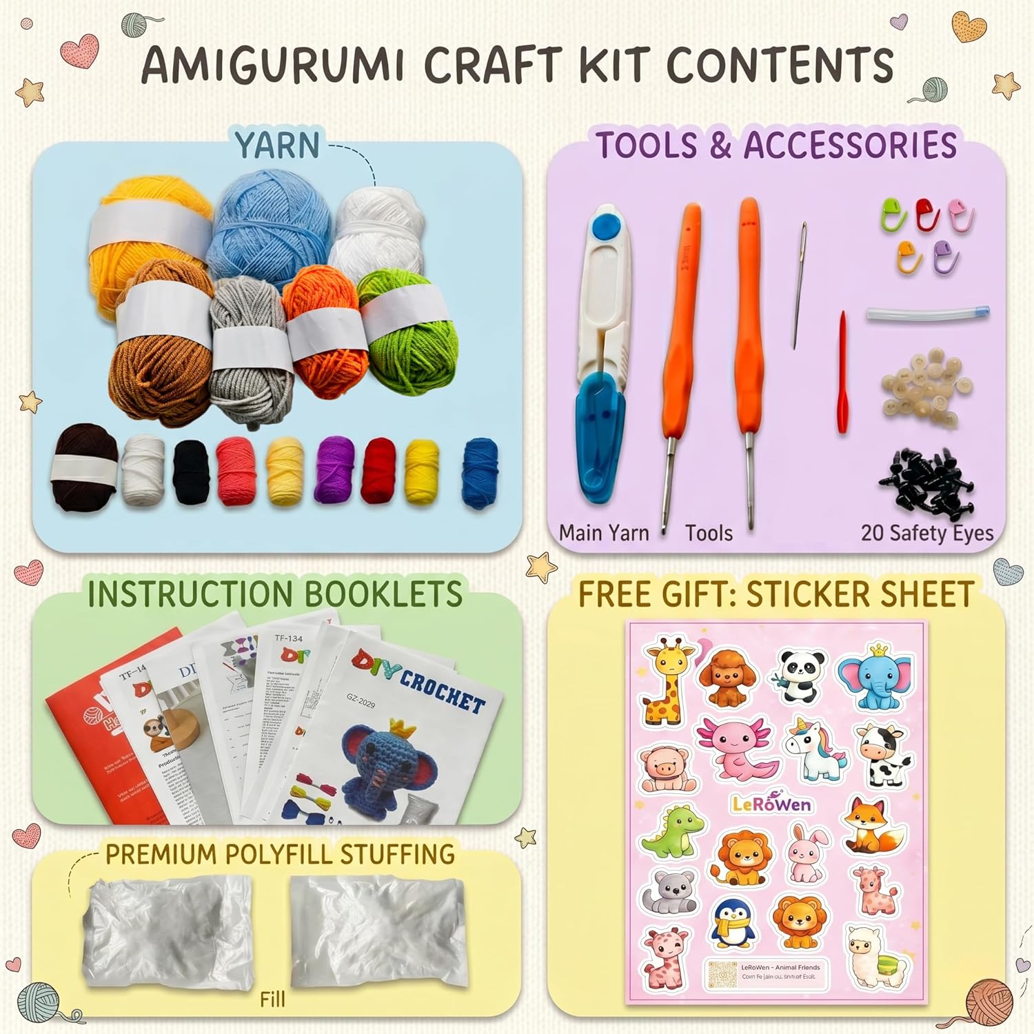 LeRoWen Mother’s Day Gifts for Mom Women Grandma – 9-in-1 Animal Crochet Kit for Beginners, DIY Amigurumi Craft Set with Yarn, Hooks & Step-by-Step Video Tutorials