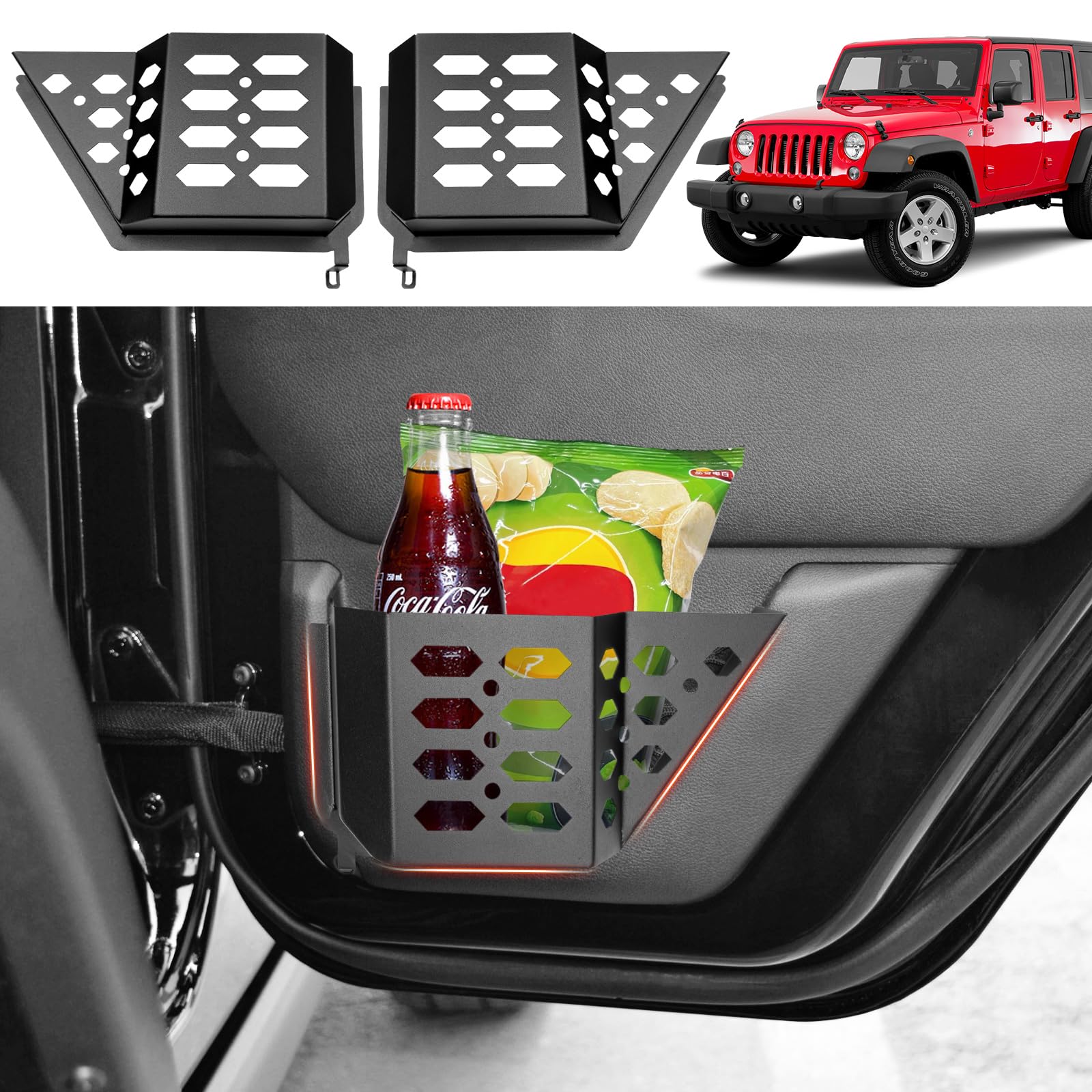 Utiiy Upgraded Metal Rear Door Pockets Storage Box for 2007-2018 Jeep Wrangler JK JKU 4 Door Side Insert Door Bags Molle Panel Organizer for Jeep