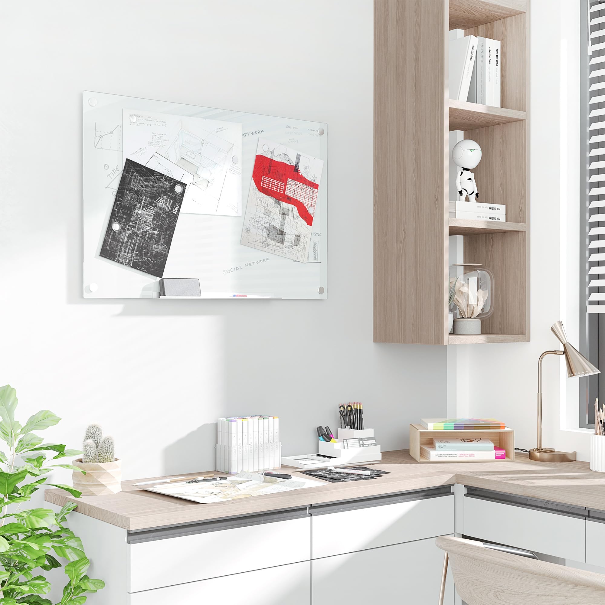 Vinsetto tablica magnetyczna ze szkła ściennego, 90 x 60 cm, z bezramową tacką na 4 markery, z łatwym montażem, biała