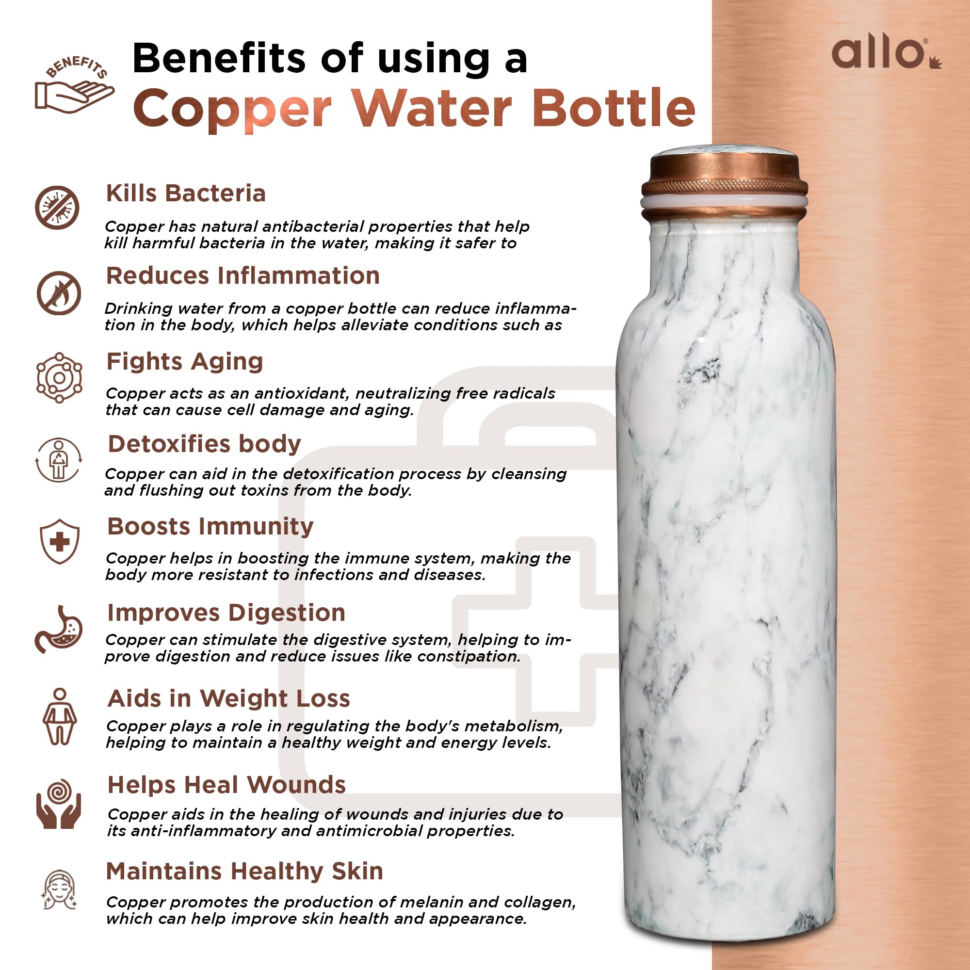Allo Pure Copper Water Bottle - 1L Alkaline Gift -4
