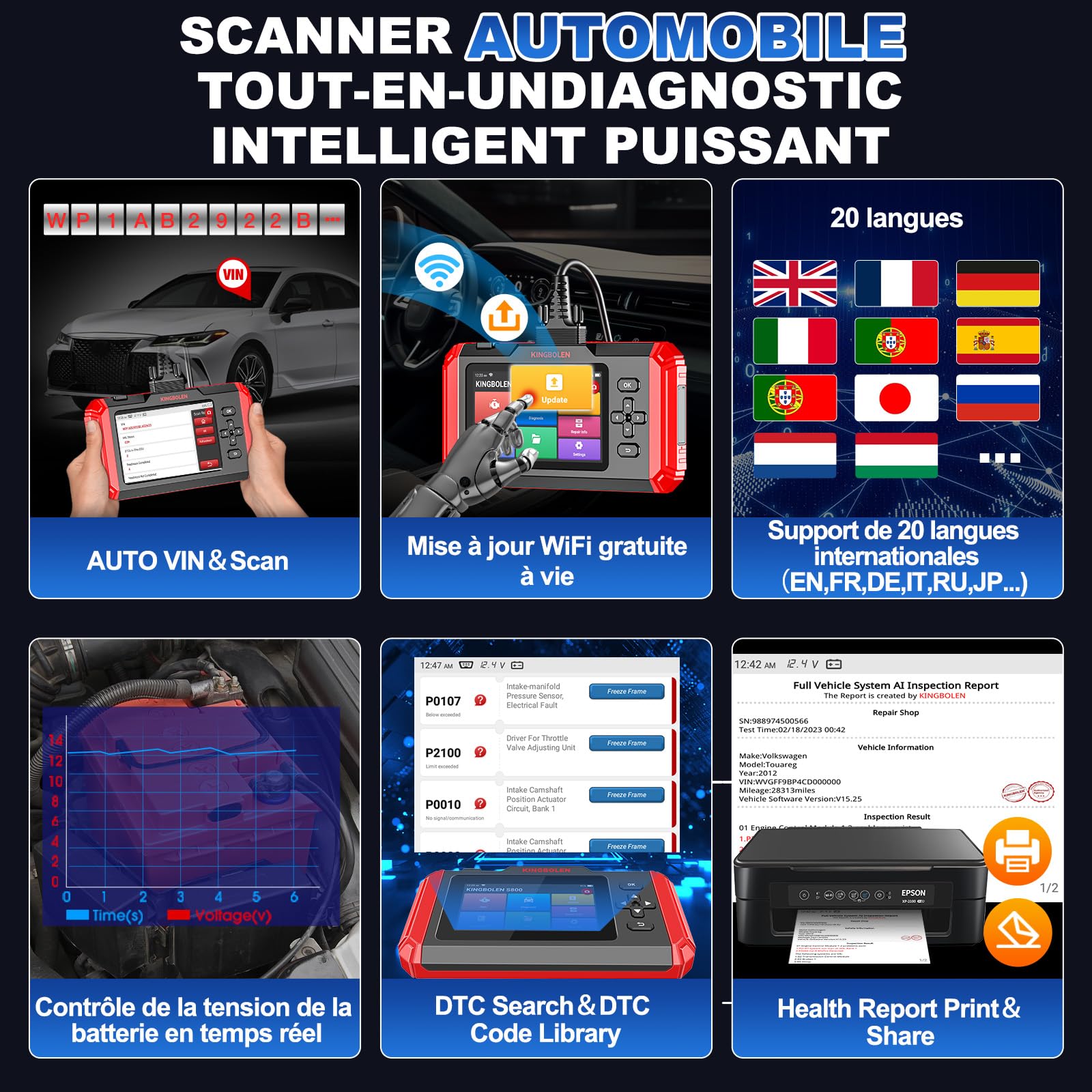 KINGBOLEN S800 Valise Diagnostic Auto pour Moteur/ABS/SRS/Boîte de Vitesses, Outil de Diagnostic OBD2 du 4 Système avec 15 Services, l'huile/INJEC/SAS/DPF/TPMS etc, AutoVIN Mise à Jour Gratuite