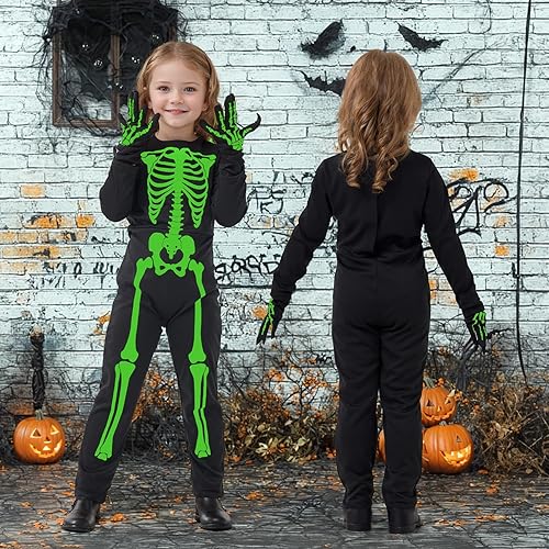 Vista 6 de Disfraces de esqueleto para niños que brillan en la oscuridad, disfraz de fiesta de Halloween con guantes para niñas y niños