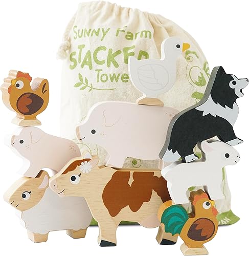 Le Toy Van Wooden Sunny Farm Stacker & Bag Actividad de equilibrio educativo, sin plástico, juguete adecuado para mayores de 18 meses PL141
