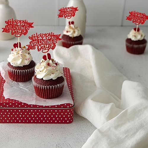 Miniatura 6 de Ephlyn 24 adornos para cupcakes con purpurina para el día de San Valentín, dulce amor, corazón, día de San Valentín, decoración para cupcakes,