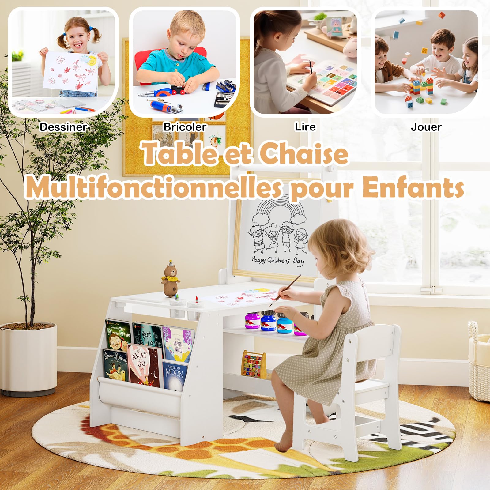 Table Enfant Avec Chaise GOPLUS - Table à Dessin Bois Avec Tableau Noir/Blanc, Rouleau Papier Et Accessoires