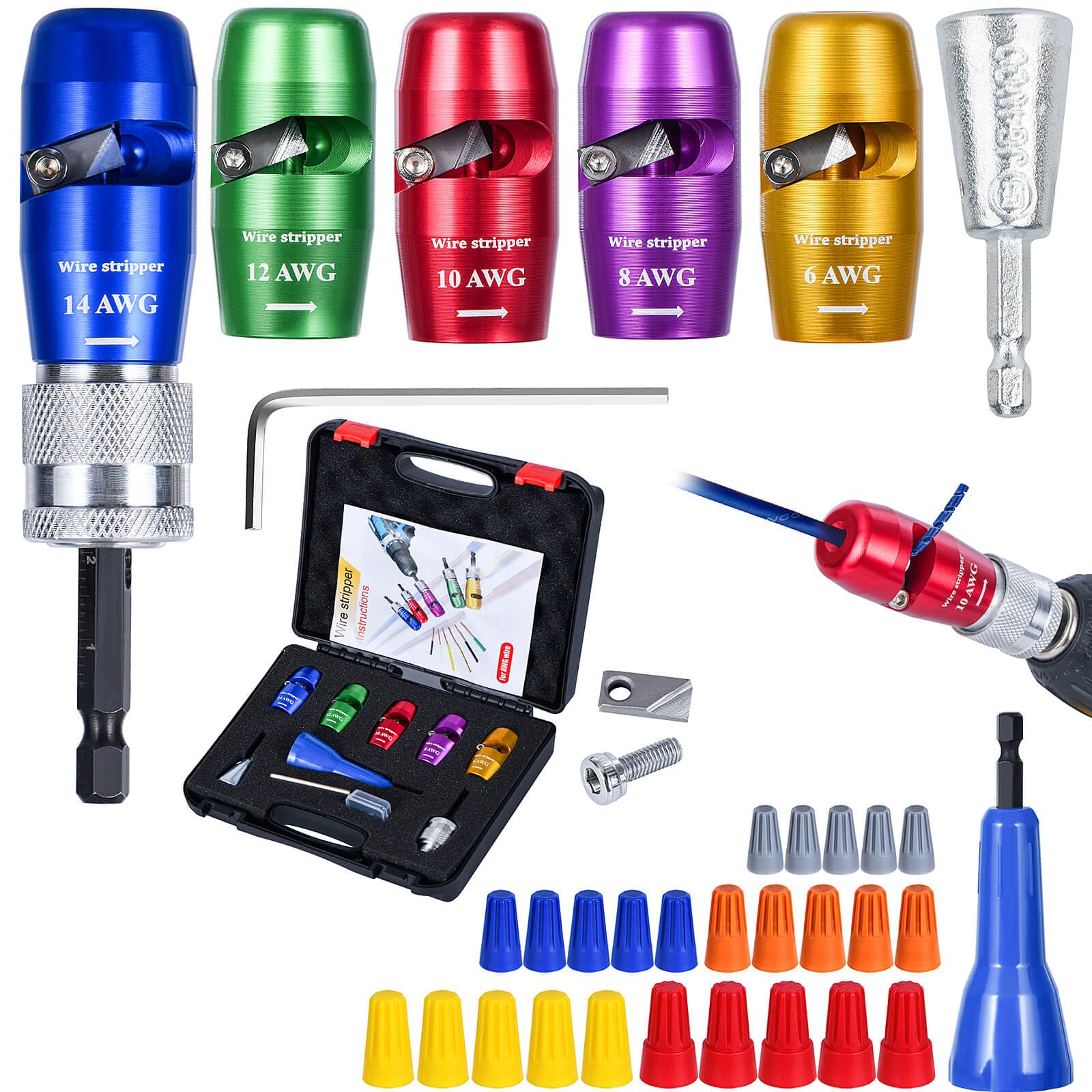 Wire Stripper for Drill, US Standard Electric Wire Stripper Tool for Drill, Wire Strippers for 6/8/10/12/14 AWG, Wire Stripping and Twisting Tool Set