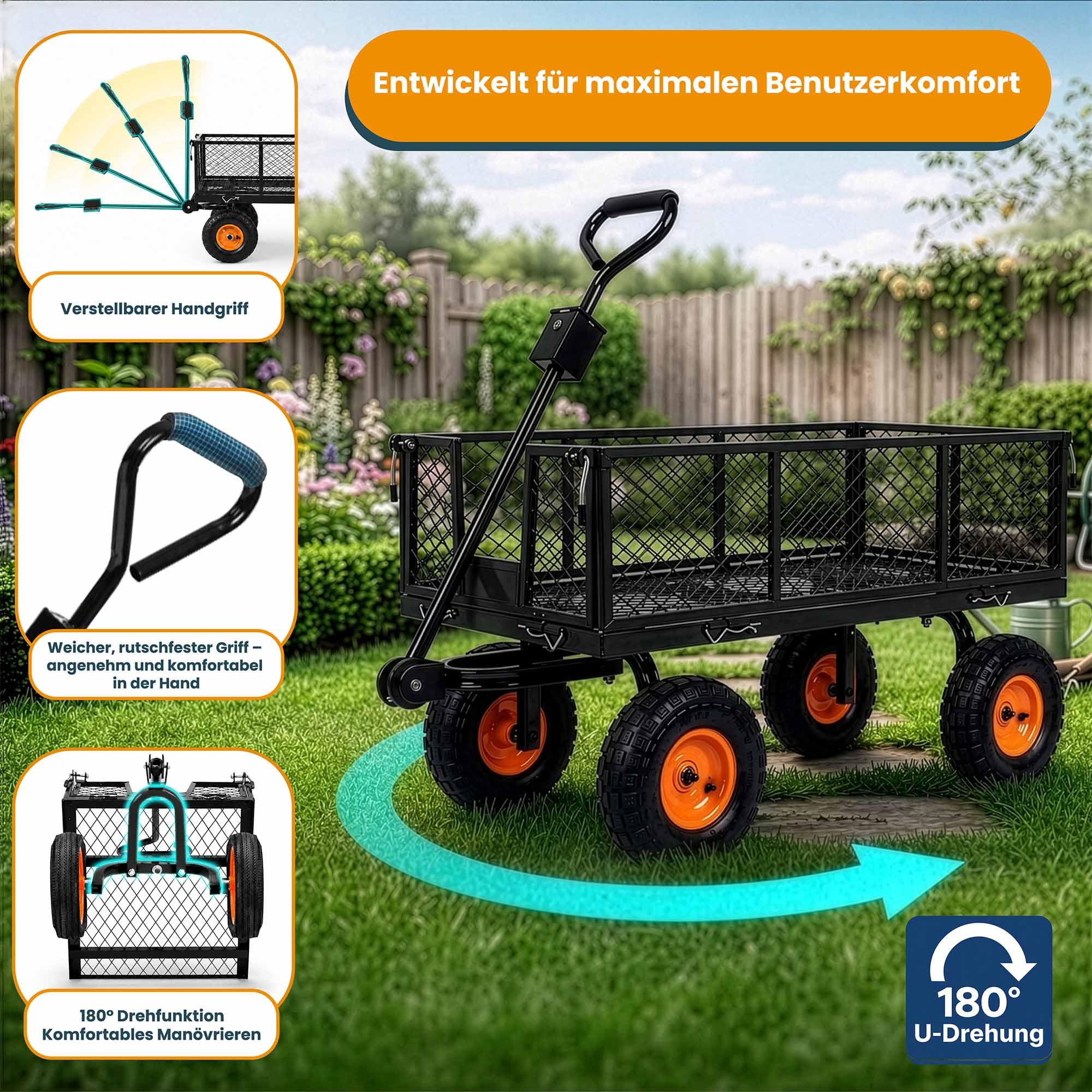 DreamRoots Gartenwagen Bollerwagen, 400 kg, 70 L, faltbar, Klein Schwarz | Transportwagen, Handwagen, 4 Luftreifen, abnehmbare Mesh-Seitenwände, Anhänger für Rasentraktoren