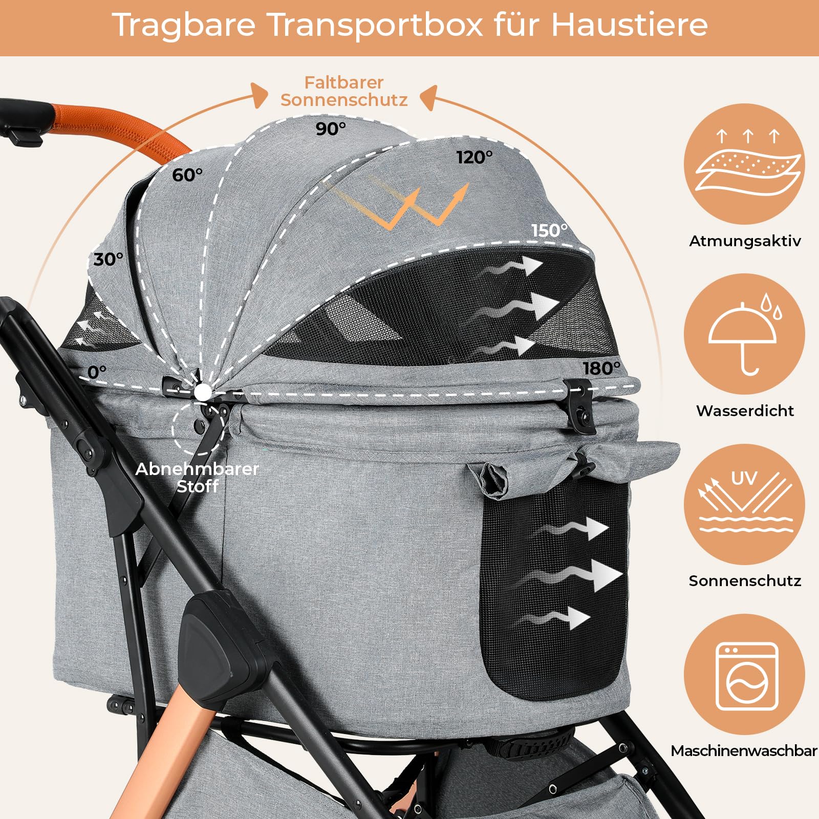 MAMIZO One-Touch Passeggino per cani, Passeggino pieghevole gatti, fino a 25 kg, Telaio Alu & acciaio carbonio,Maniglione regolabile in altezza,Portabicchieri,4 PCS ruote,per cani e gatti,Grigio scuro
