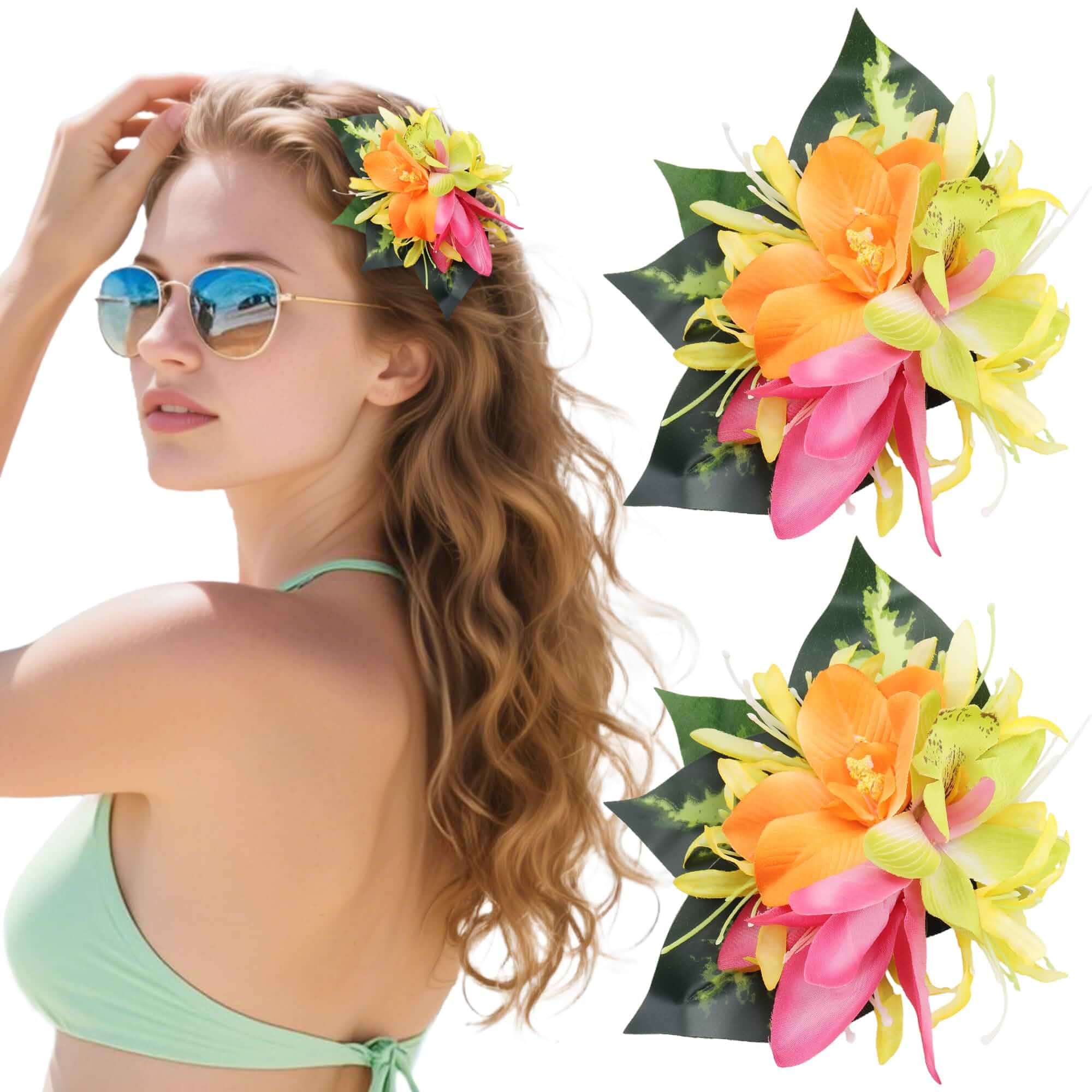 Hawaiian Flower Hair Clips Women, 2 PCS Tropical Orchid Hairpin Artificial, Hawaii Floral Hair Accessories, Women Girls Leis Party Costume, Beach Pool Vacation Headwear Decorations