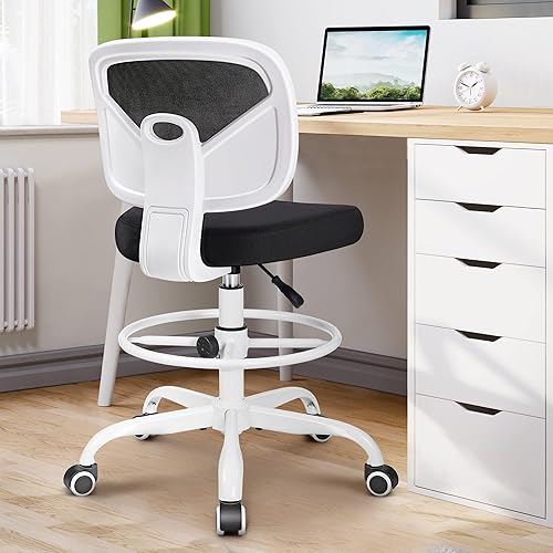Miniatura 2 de Primy Silla ergonómica de escritorio de pie con respaldo medio sin brazos, silla alta con ruedas de malla, altura ajustable y reposapiés, sala de