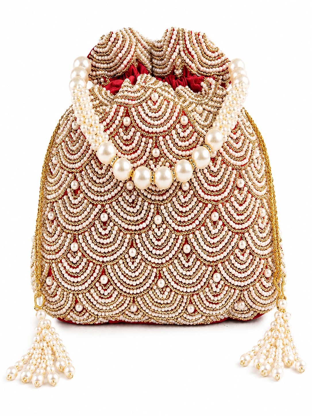 athz Potli Bag for Women Red color, Bead Work, White Beads Design Fabric Matka Design Round Ethnic Dress Accessory Handbag 10 inch x 9 inch-picture-49