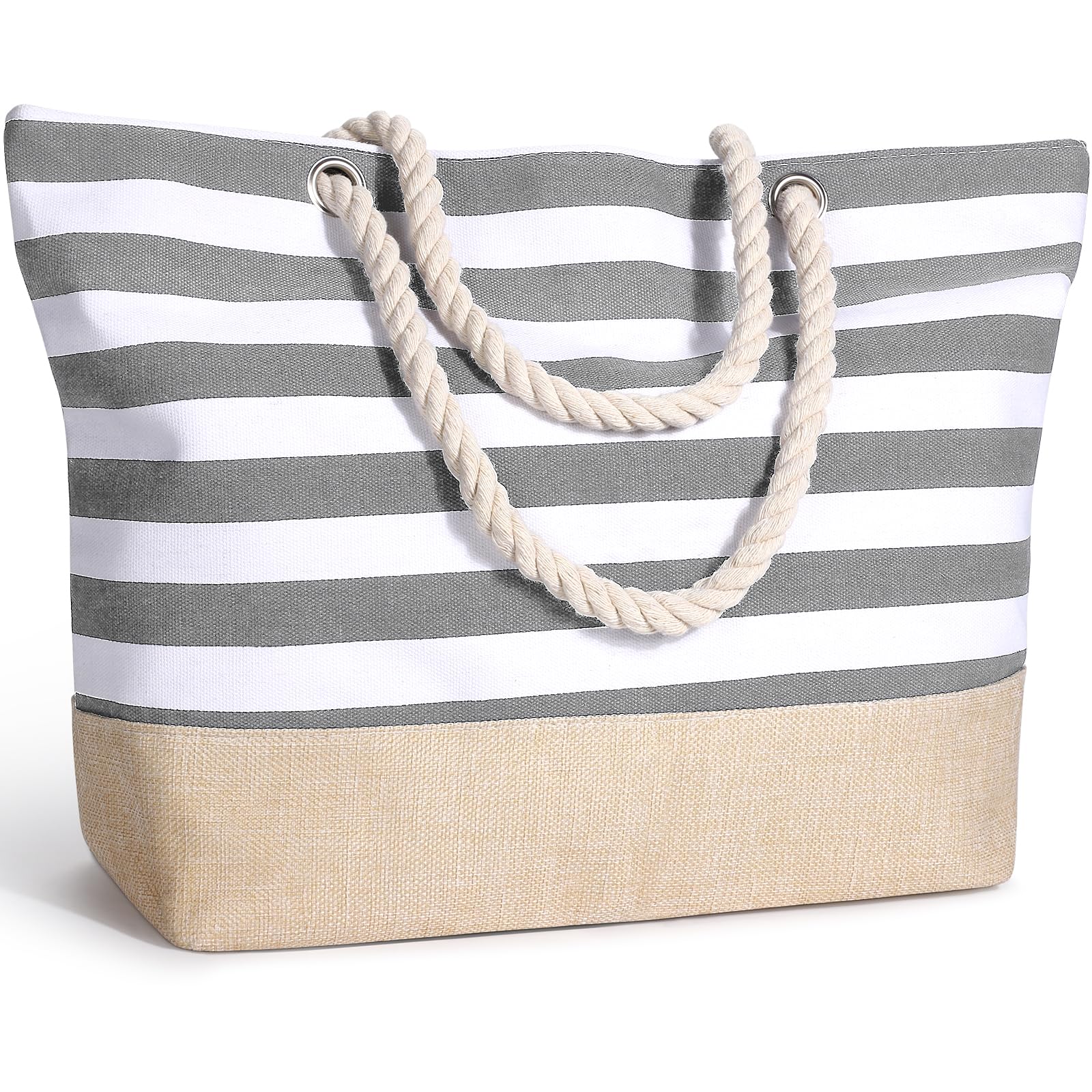Decmoko Bolsa de Playa para Mujer, Totalizador de Lona de Verano Grande con Cremallera y Asa de Cuerda, Bolso Tote Beach Bag para Playa Viajes Gimnasio Compras