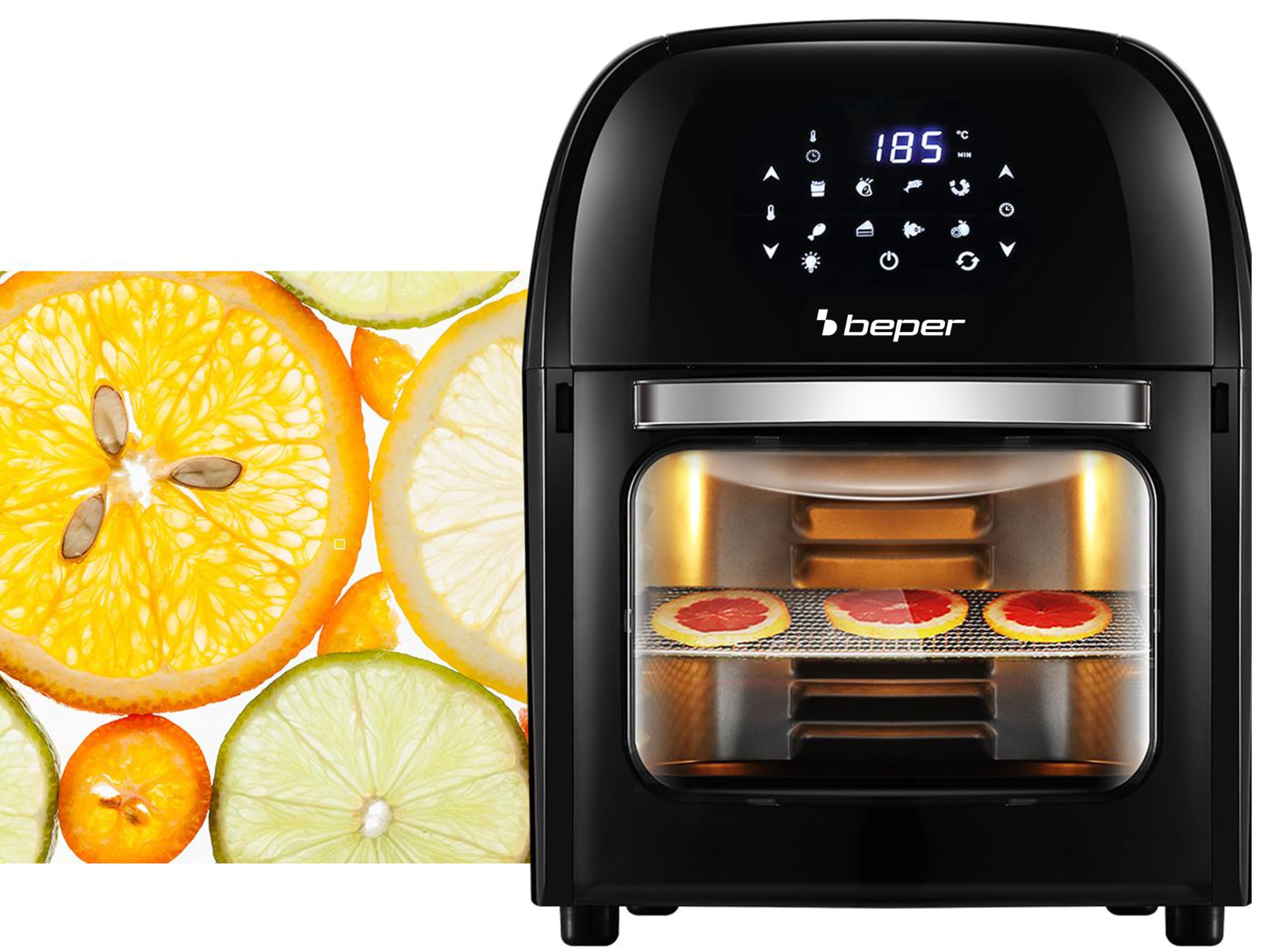 BEPER P101FRI012 Digitale Heißluft Fritteuse, Girarrosto, Ofen, Toaster, Trockner,12L, 1800W, Touch-Panel, 8 Programme, Zubehör, Verstellbar, Schwarz