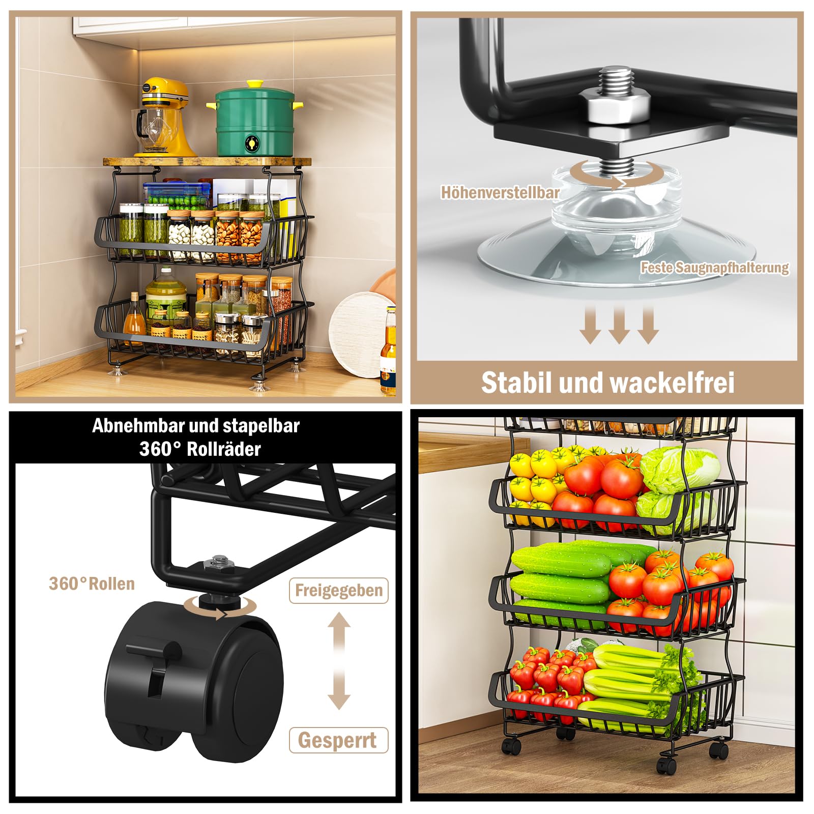 5-Tier Küchenwagen mit Rollen, Gemüseregal mit Holzplatte, Aufbewahrungskorb mit Rädern, vielseitiger Küchen-Organizer für Obst, Gemüse, Snacks und mehr für Küche, Vorratsraum, Büro