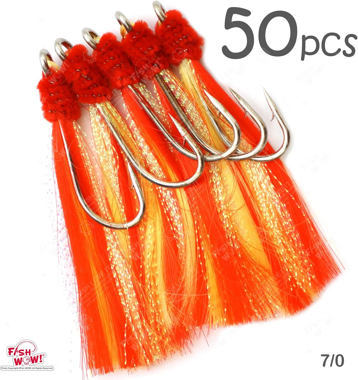 50 Pieces 7/0 Shrimp Flying Hooks with red Yellow Krystal Flash