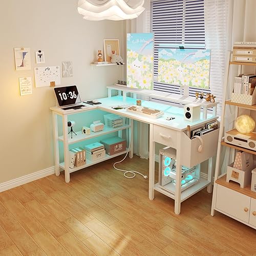 Vista 2 de Lufeiya Escritorio blanco para juegos en forma de L con cajones de tela y estantes de almacenamiento, escritorio de oficina en casa de 47 pulgadas