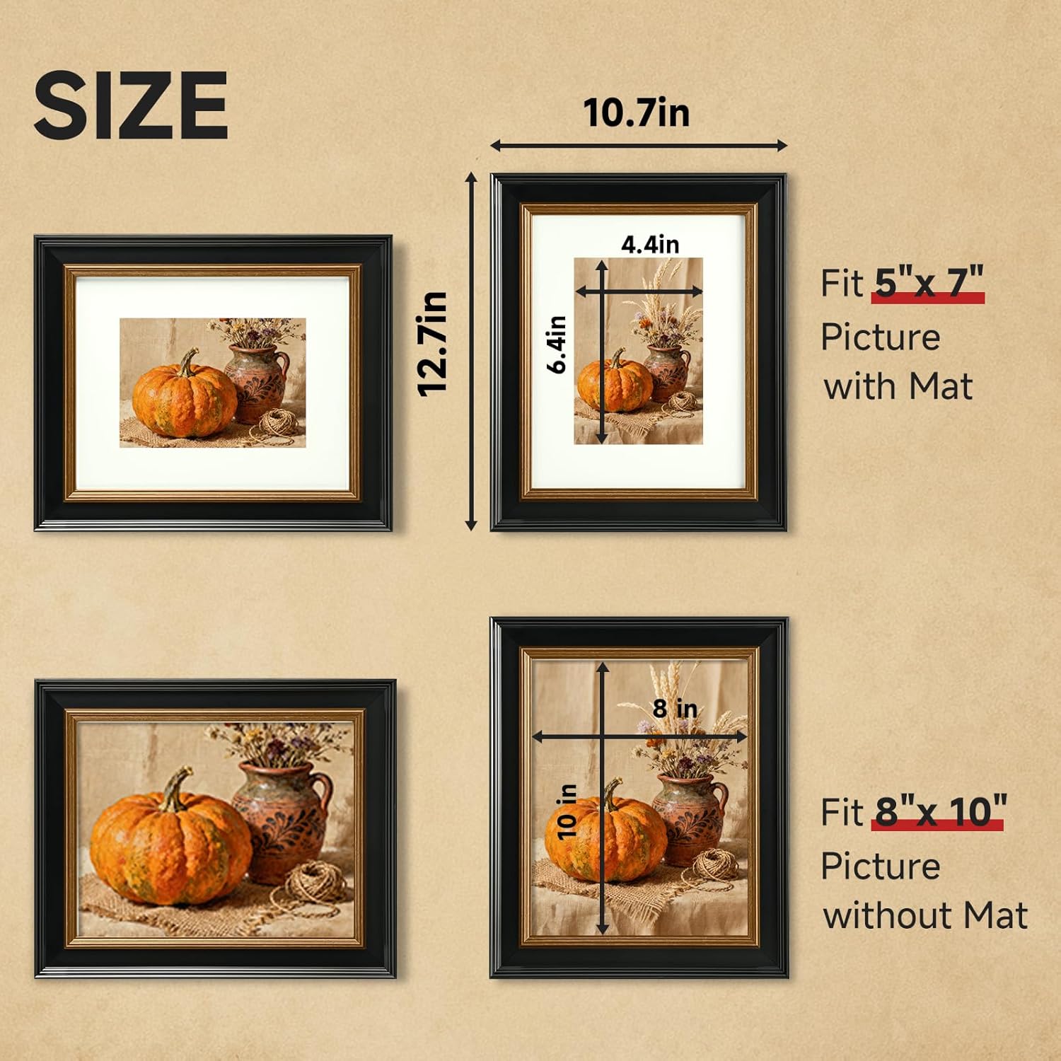 8x10 Black and Gold Picture Frame, 8 x 10 Vintage Frame with Real Glass, Display 5x7 Photo with Mat or 8x10 without Mat, Wall Hanging & Tabletop Ornate Poster Frames for Gallery Antique Déco