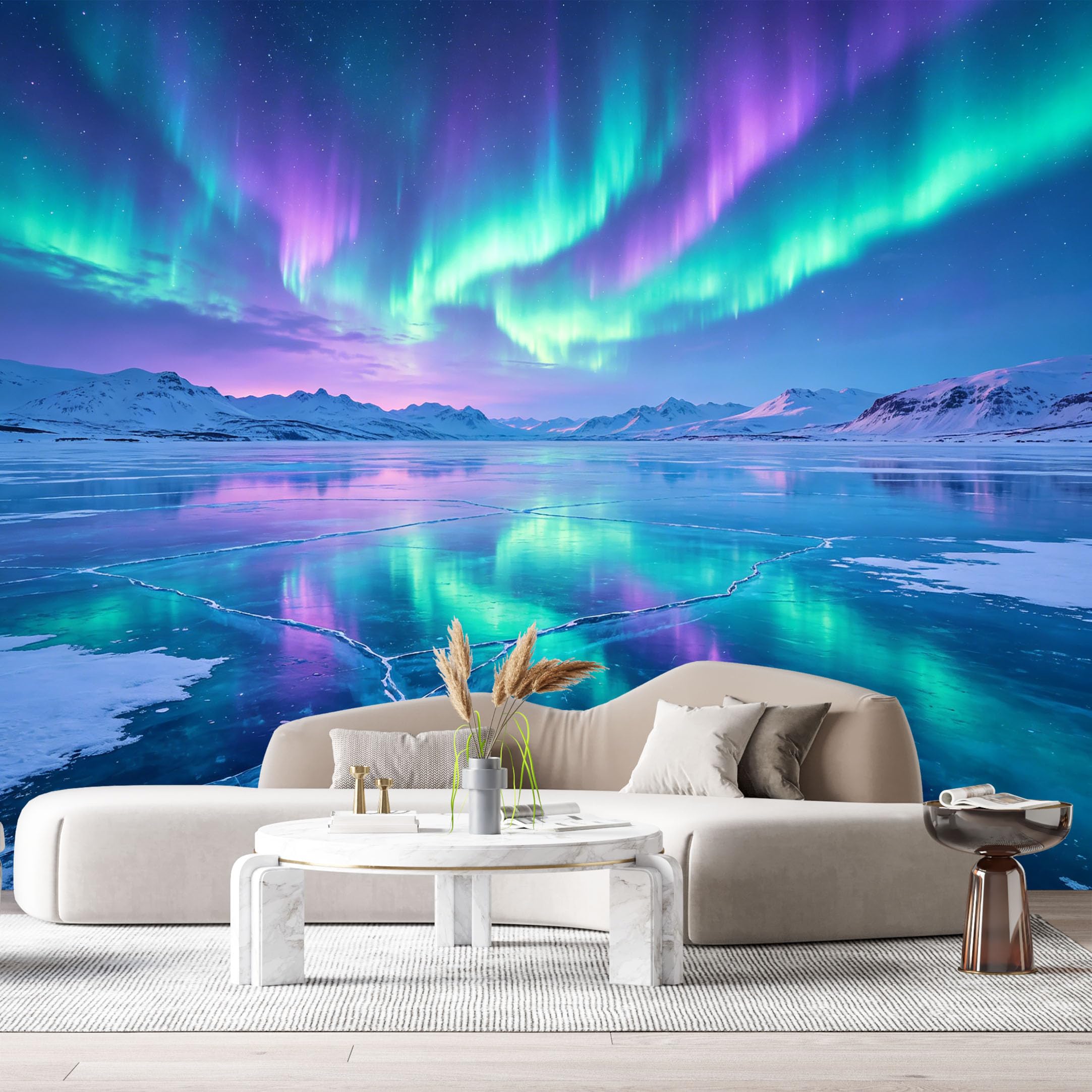 Custom Size Wall Murals Northern Lights Landscape Ice Lake Snow Mountains Aurora Sky SelfAdhesive Wall Fabric Removable Large Wallpaper for Photo Living Room