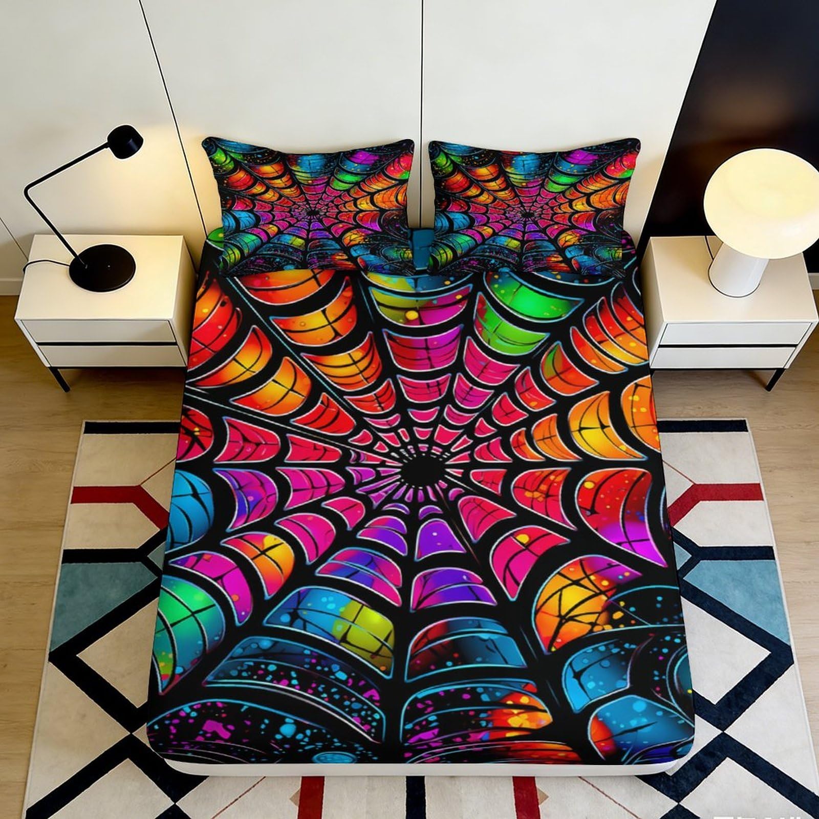 3D Printed Colorful Spider Web Fitted Sheet Microfiber Slip Resistant Rainbow Web Mattress Cover for Bedroom Dorm Home Decor 90x200x25cm