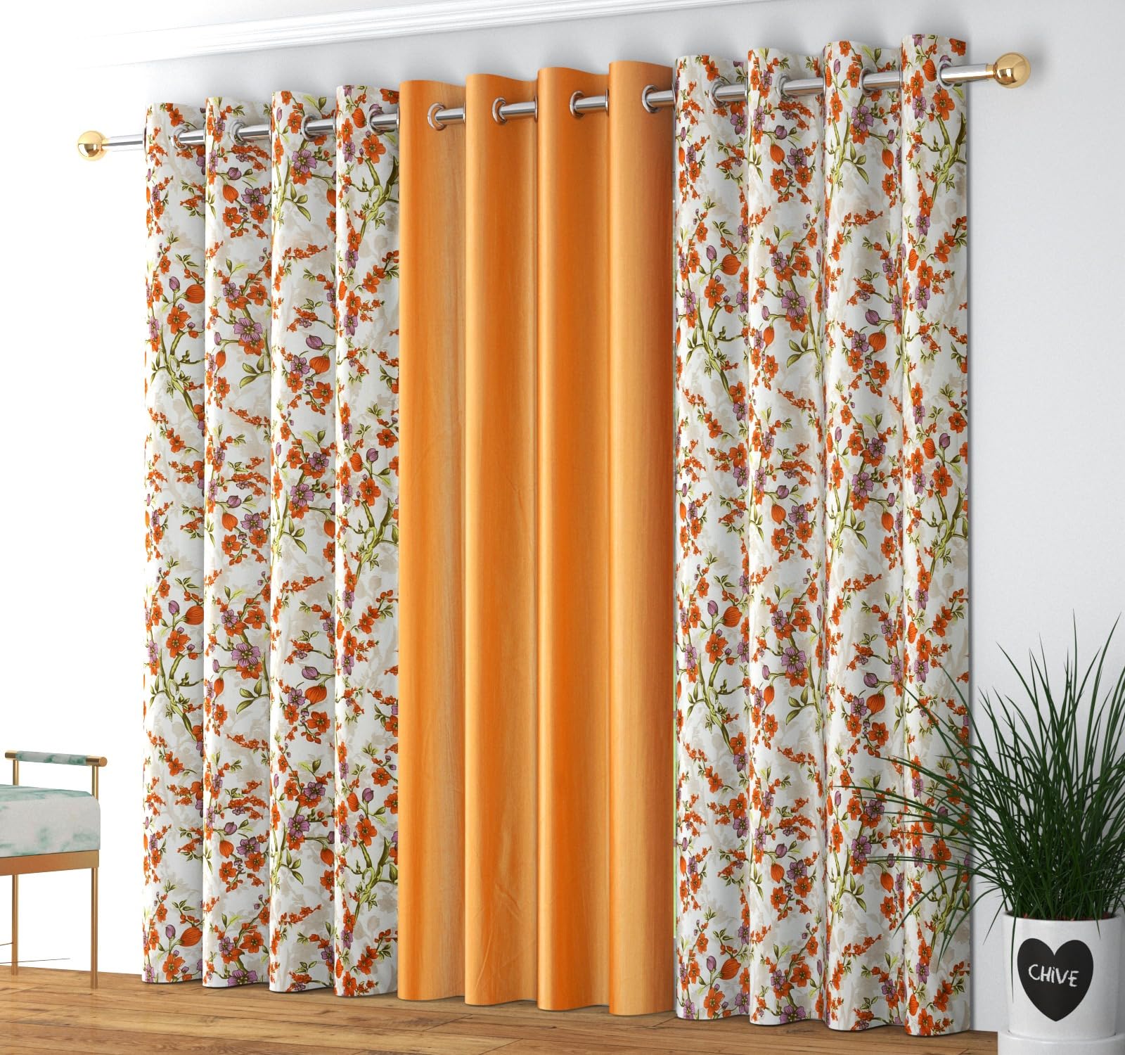 Banchmark Home Furnishings Polyester 8Ft Curtains for Door Set of 3, Solid & Tree Printed Curtain Panels for Bedroom, Premium Stylish Grommet Eyelet for Living Room, 8 Feet, Cream & Orange (B09ZPN8VB4) Amazon Price History, Amazon Price Tracker
