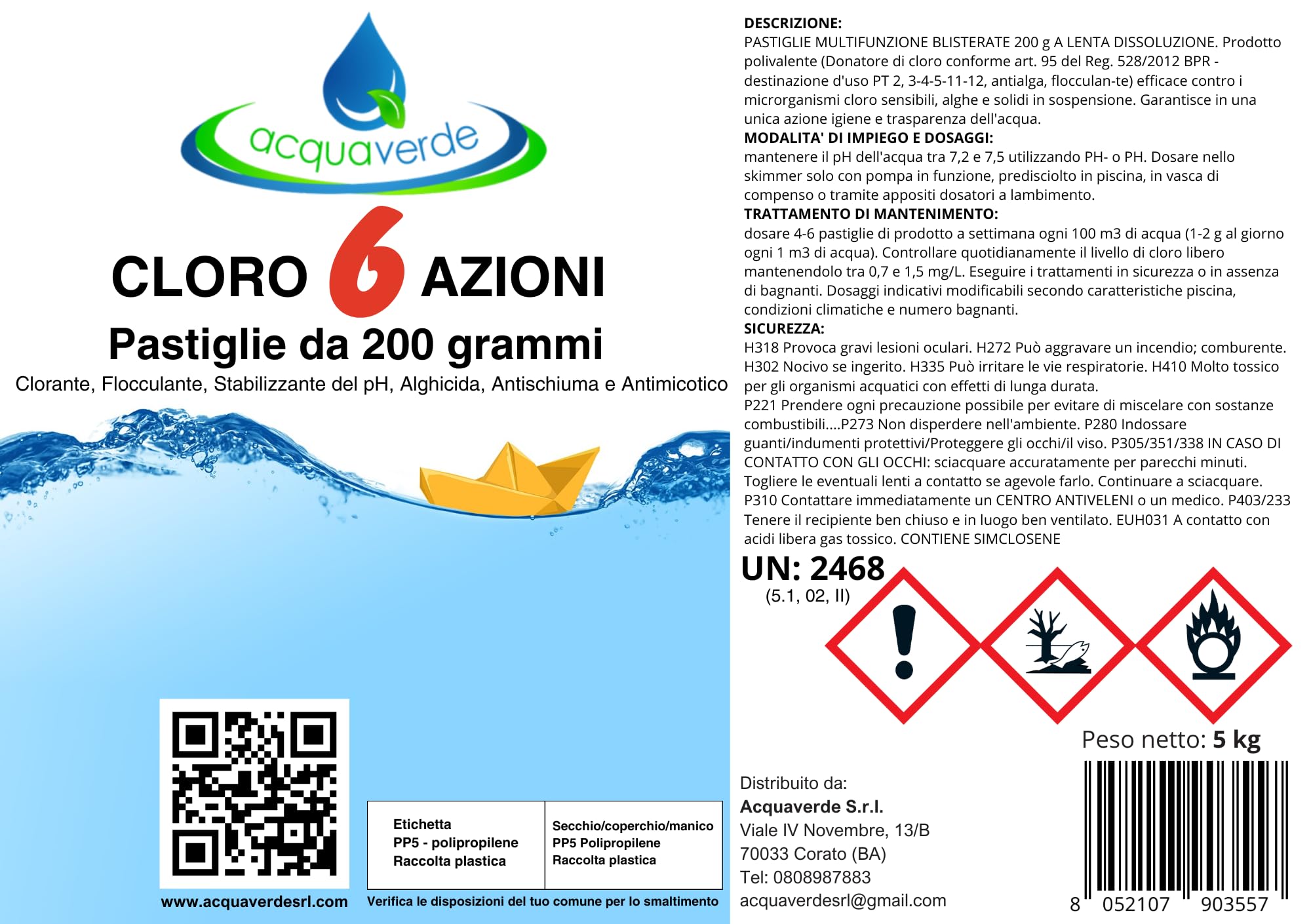 acquaverde | Cloro 6 AZIONI in Pastiglie da 200 grammi, 5 kg di NUOVO Multiazione per Piscina, Trattamento acqua: Clorazione, Alghicida, Flocculante, Stabilizzante del Ph, Antischiuma, Antimicotico