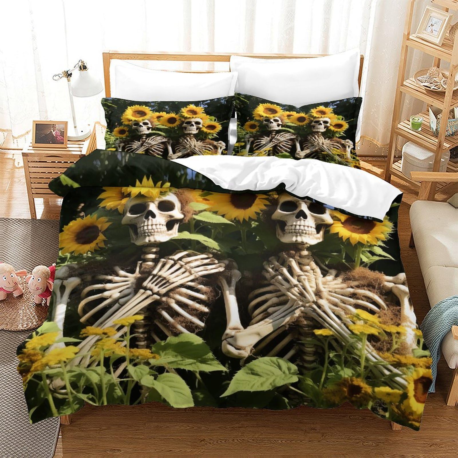 P1S9U7W5Y Vintage Sunflower Skeleton 3D Printed Duvet Cover set 3pcs Microfiber Floral Bedding Set Double