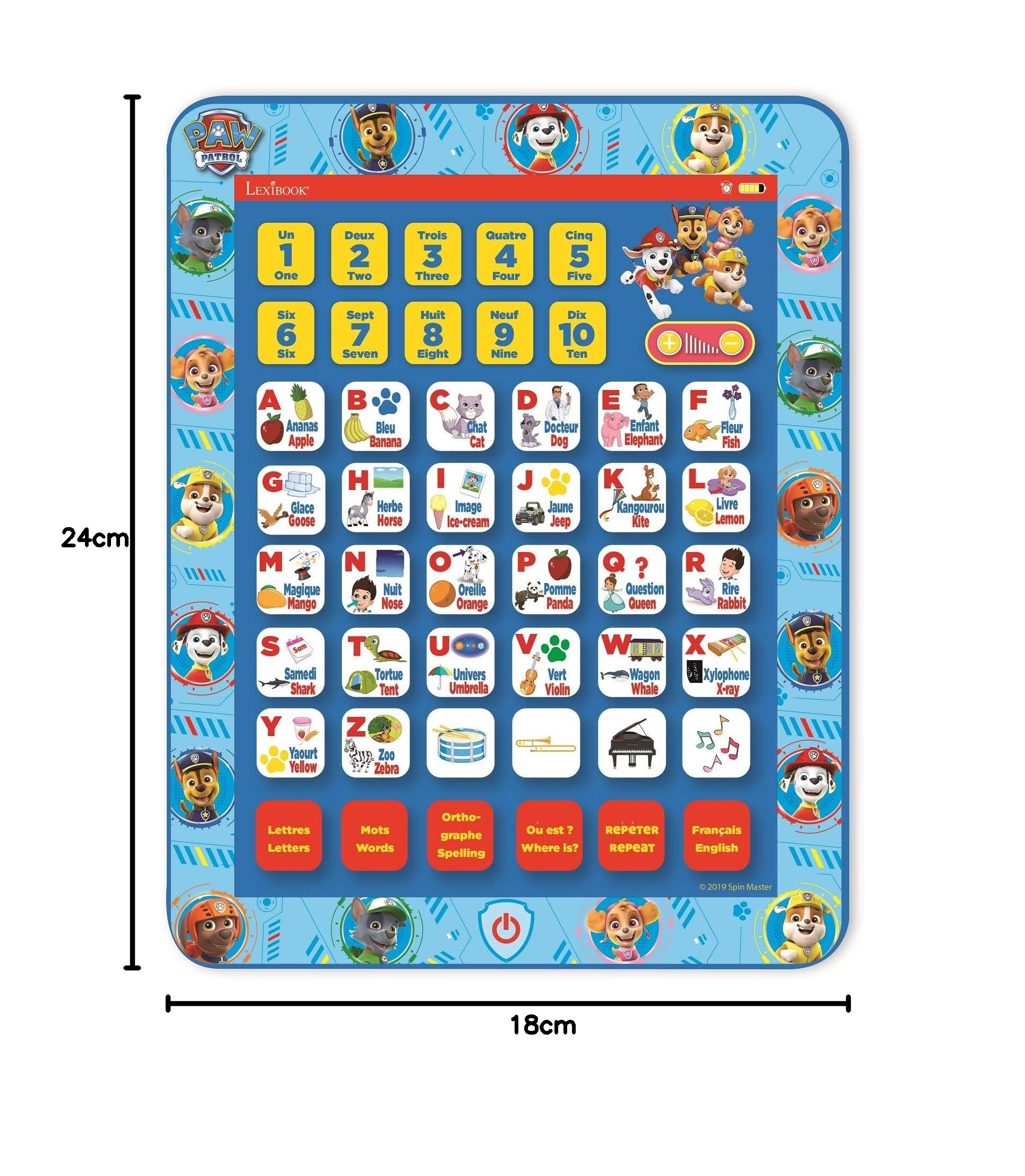 Lexibook Paw Patrol Educational Bilingual Interactive Learning Tablet, Toy to Learn Alphabet Letters Numbers Words Spelling And Music, English/French Languages, Blue