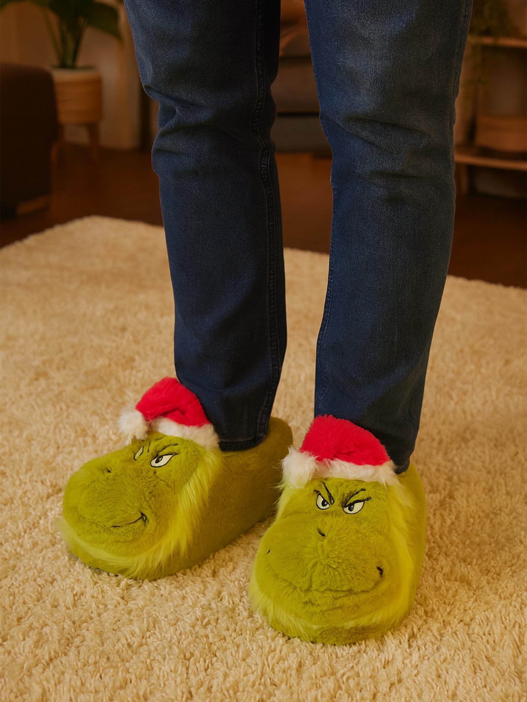Zapatillas de estar por casa The Grinch en 3D, zapatillas de felpa con gorro de Papá Noel, zapatillas con pompones, unisex, color verde