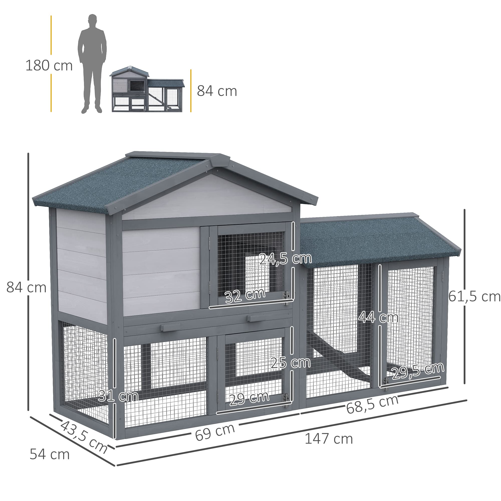 PawHut Kleintierstall mit Freilauf Kleintierkäfig Meerschweinchenstall MeerschweinchenKäfige für draußen Kleintierhaus Tannenholz Grau 147 x 54 x 84 cm