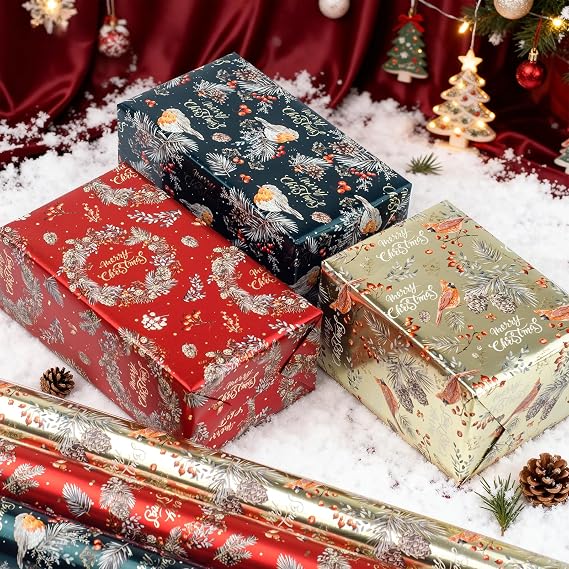 LDGOOAEL Mini Christmas Wrapping Paper Rolls (17x120) - Easy-Tear Cut Lines on Back, Red & Gold & Green robin/Cardinal/holly/pinecones with Metallic Shine for Small/Medium Gifts