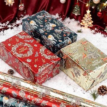 LDGOOAEL Mini Christmas Wrapping Paper Rolls (17x120) - Easy-Tear Cut Lines on Back, Red & Gold & Green robin/Cardinal/holly/pinecones with Metallic Shine for Small/Medium Gifts