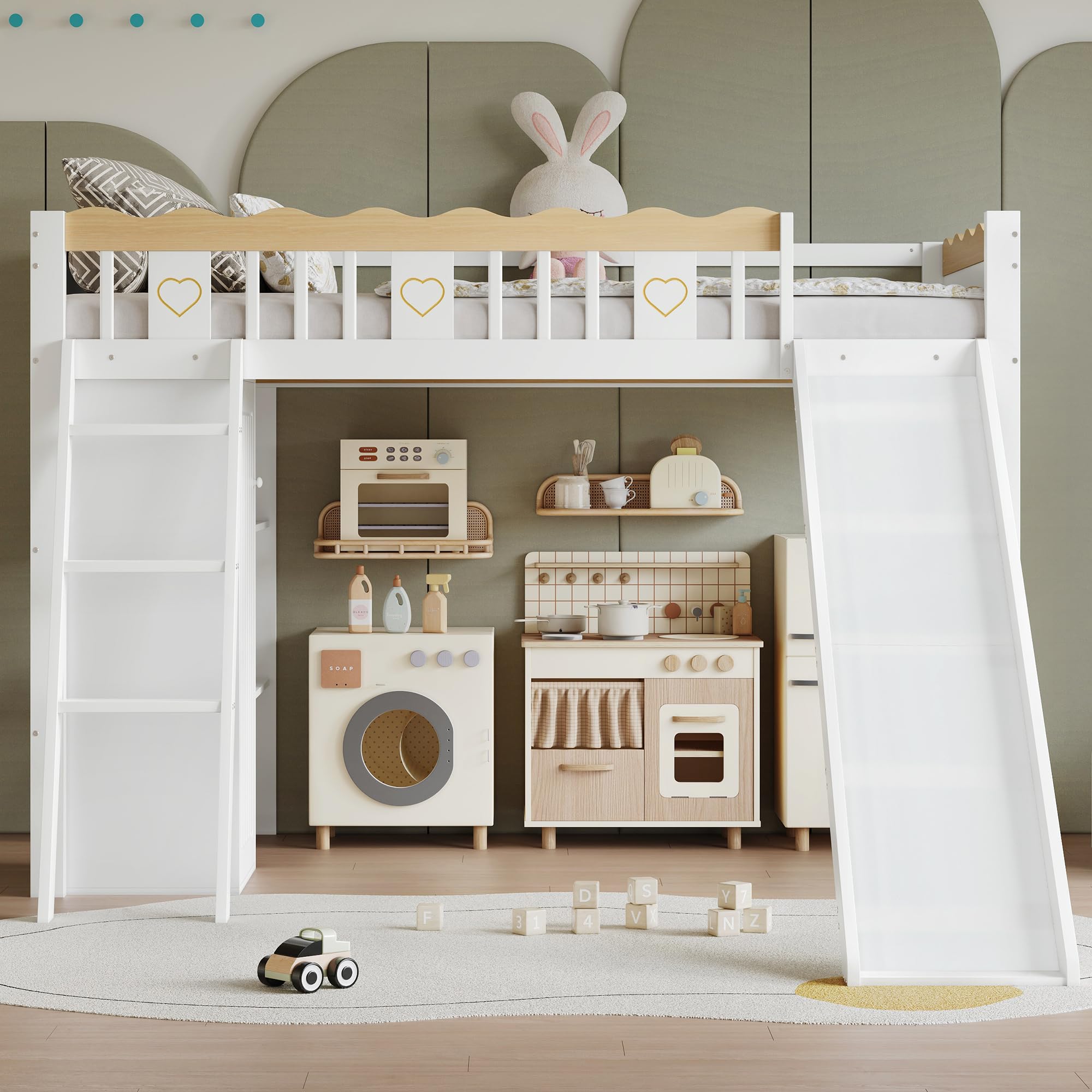 Azkoeesy Letto a Soppalco per Bambini con Scivolo, Scala Inclinata, Armadio, Mensole Librarie Integrate, Parapetto di Sicurezza Ondulato, in Pino Massiccio, Bianco, 90x200 cm
