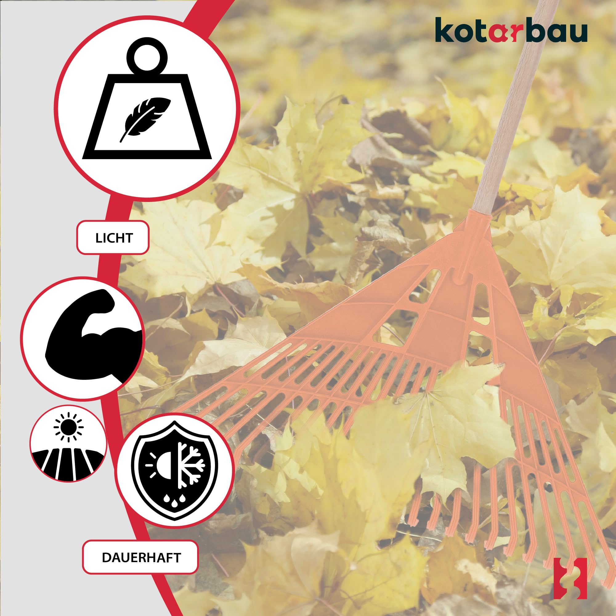KOTARBAU® Rastrillo Jardín - Plástico - 61 cm - Naranja - con Mango - Rastrillo para Césped - Rastrillos - Ligero Y Resistente - Herramienta para Jardinería