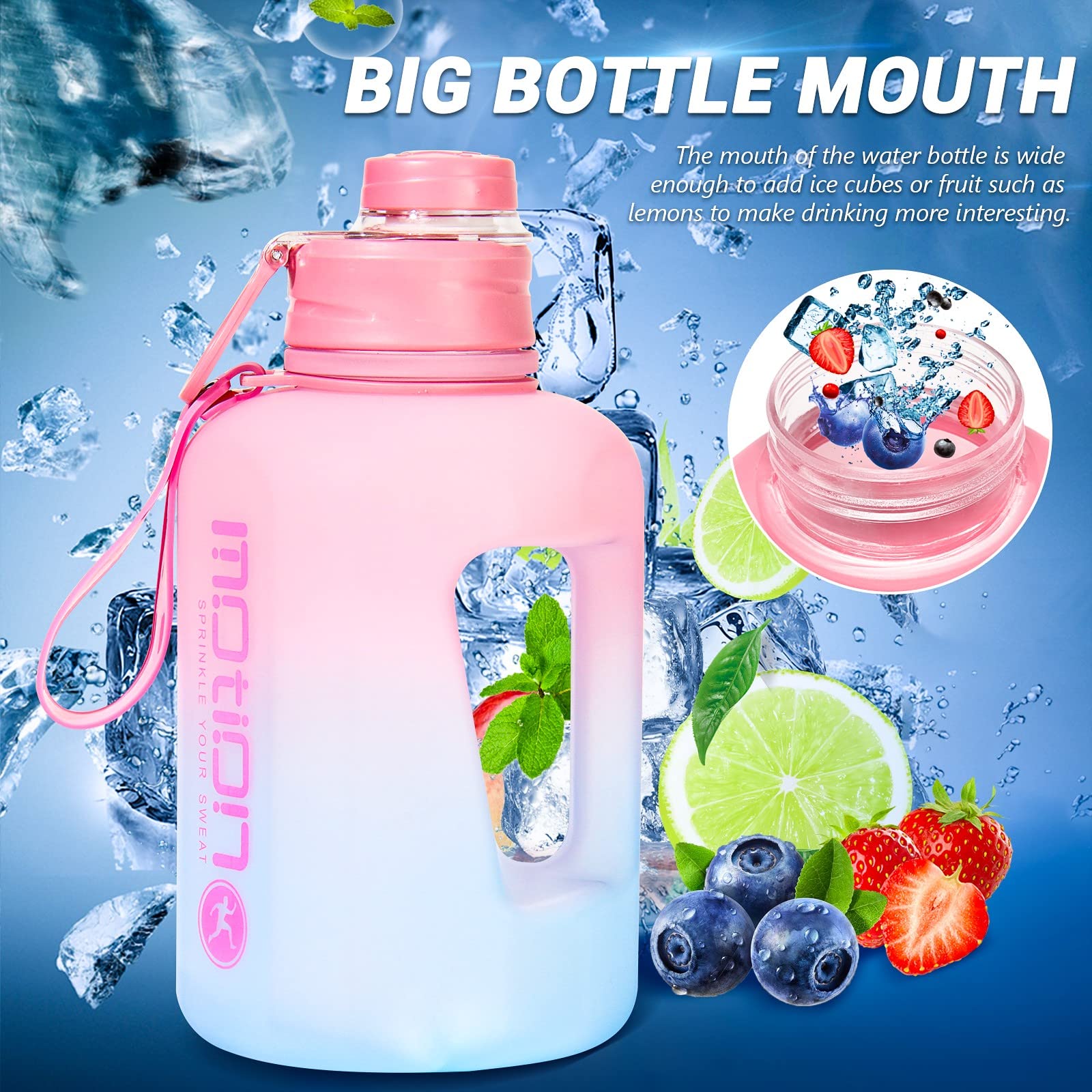 Gourde Sport BelonLink 1,6L - Bouteille D'eau Avec Paille, étanche, Sans BPA - Idéale Pour Le Sport, La Rando, Le Vélo - Motivante Avec Marqueur De Temps (rose + Bleu)