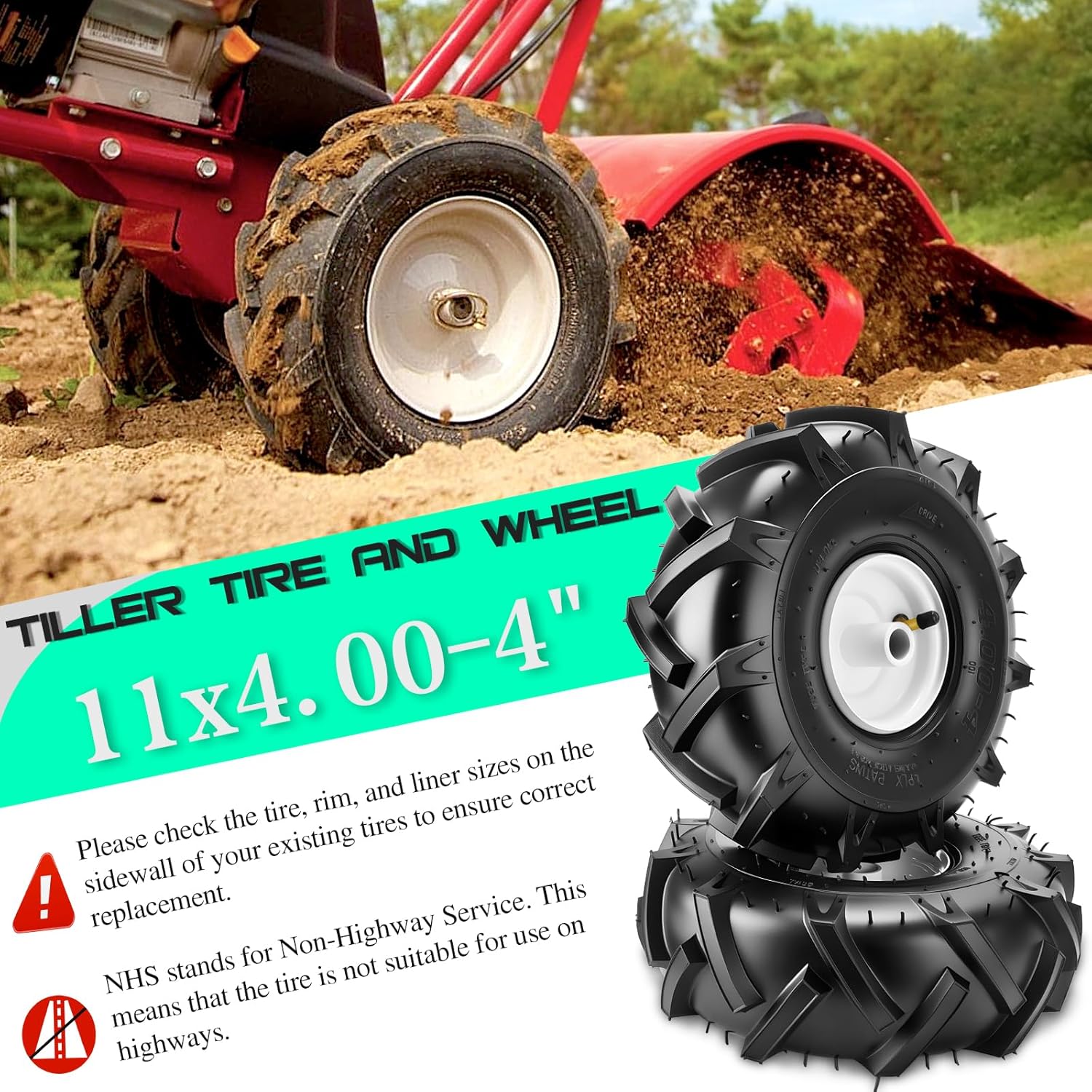 11x4.00-4" Tiller Tires and Wheels, (2-Pack 3/4" Axle Bore, 3-1/8" Centered Hub) 11x4.00-4" Tiller Tires Replacement for Craftsman & Troy-Bilt Garden Tractors, Tillers & Trenchers