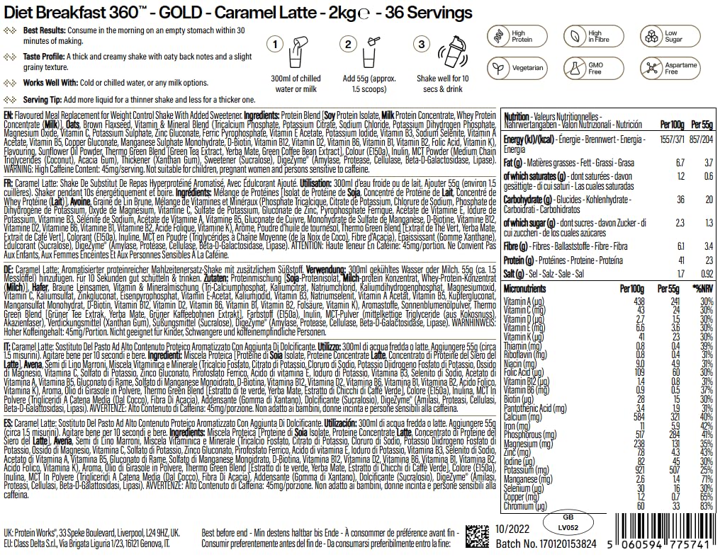 Protein Works | Diet Breakfast 360 – GOLD Innovation, Shake Colazione Sostitutivo Pasti Dietetico Salva-Tempo, Con Caffeina, Basso Zucchero, Caramel Latte, 36 Porzioni, 2kg