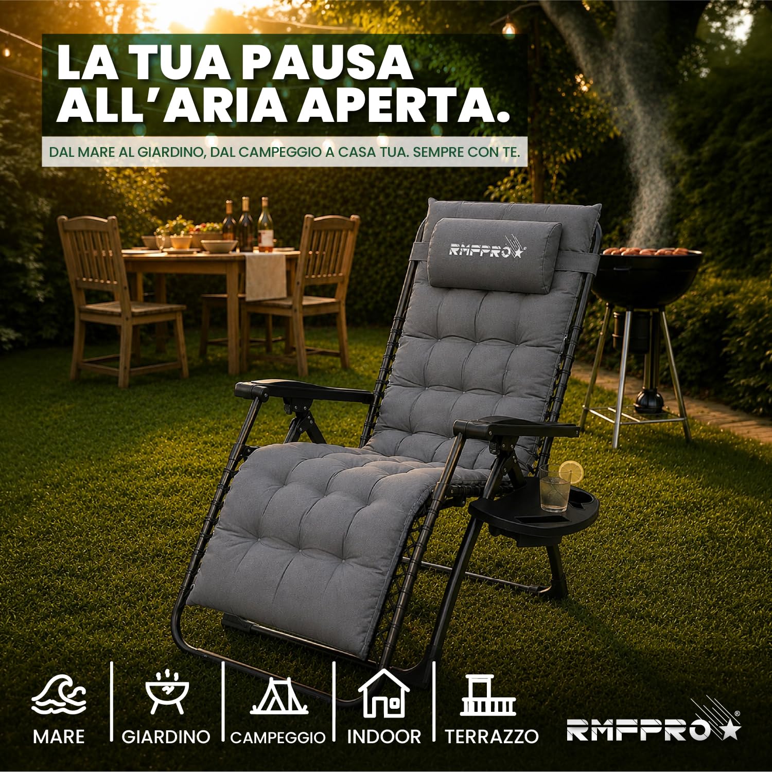 Sdraio da Giardino Pieghevole con Schienale Regolabile Multiposizione, Struttura in Tubi di Acciao Sdraio da Balcone con seduta Comoda - Sedia Sdraio da Esterno Ideale per Mare Esterni Grigia