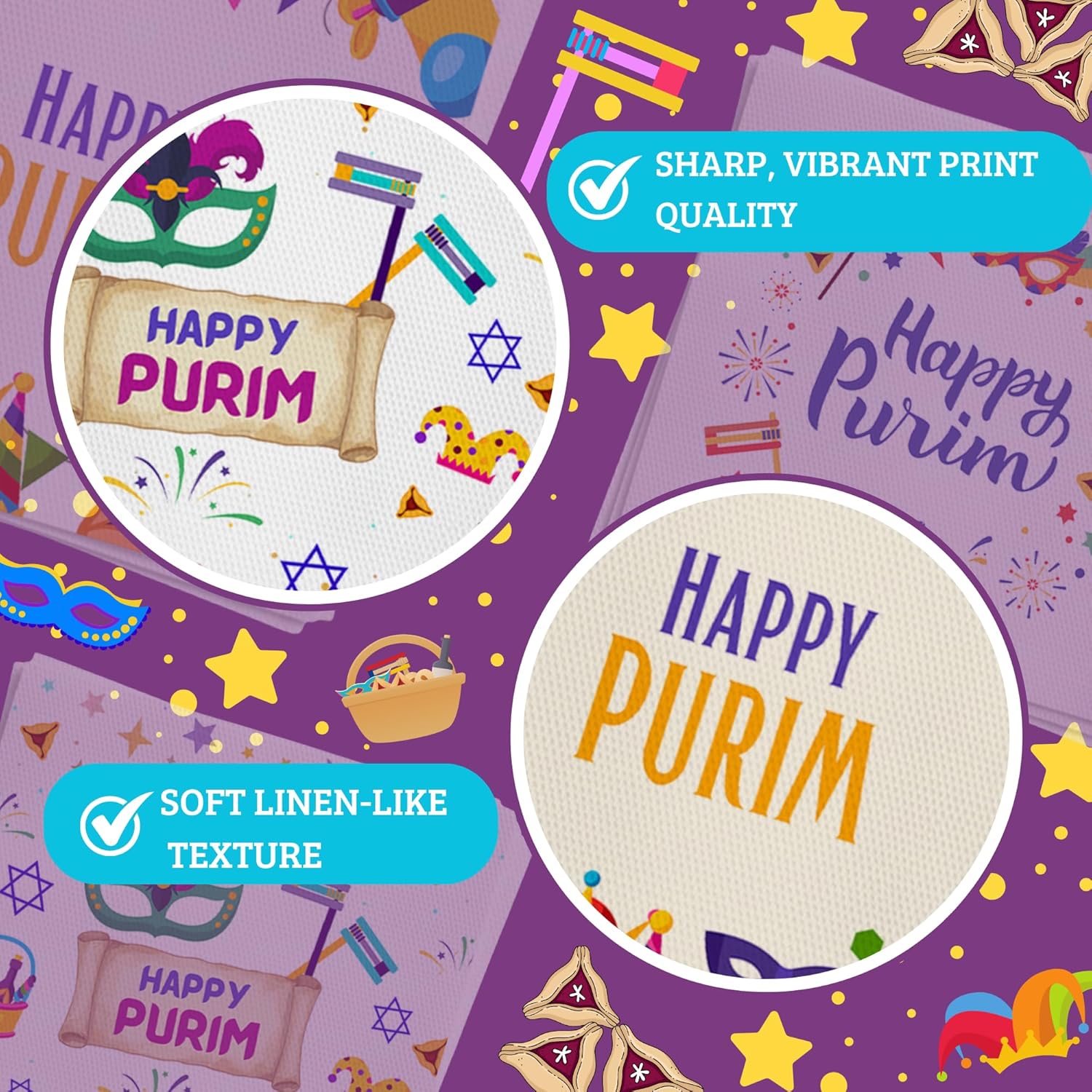 Queen of Cards Purim Scroll Design Dinner Napkins for Jewish Holiday Celebration – Festive Mask & Clown Party Guest Towel Napkins, Disposable Linen-Like Purim Decorations Napkin (25, 50,100 Pack)