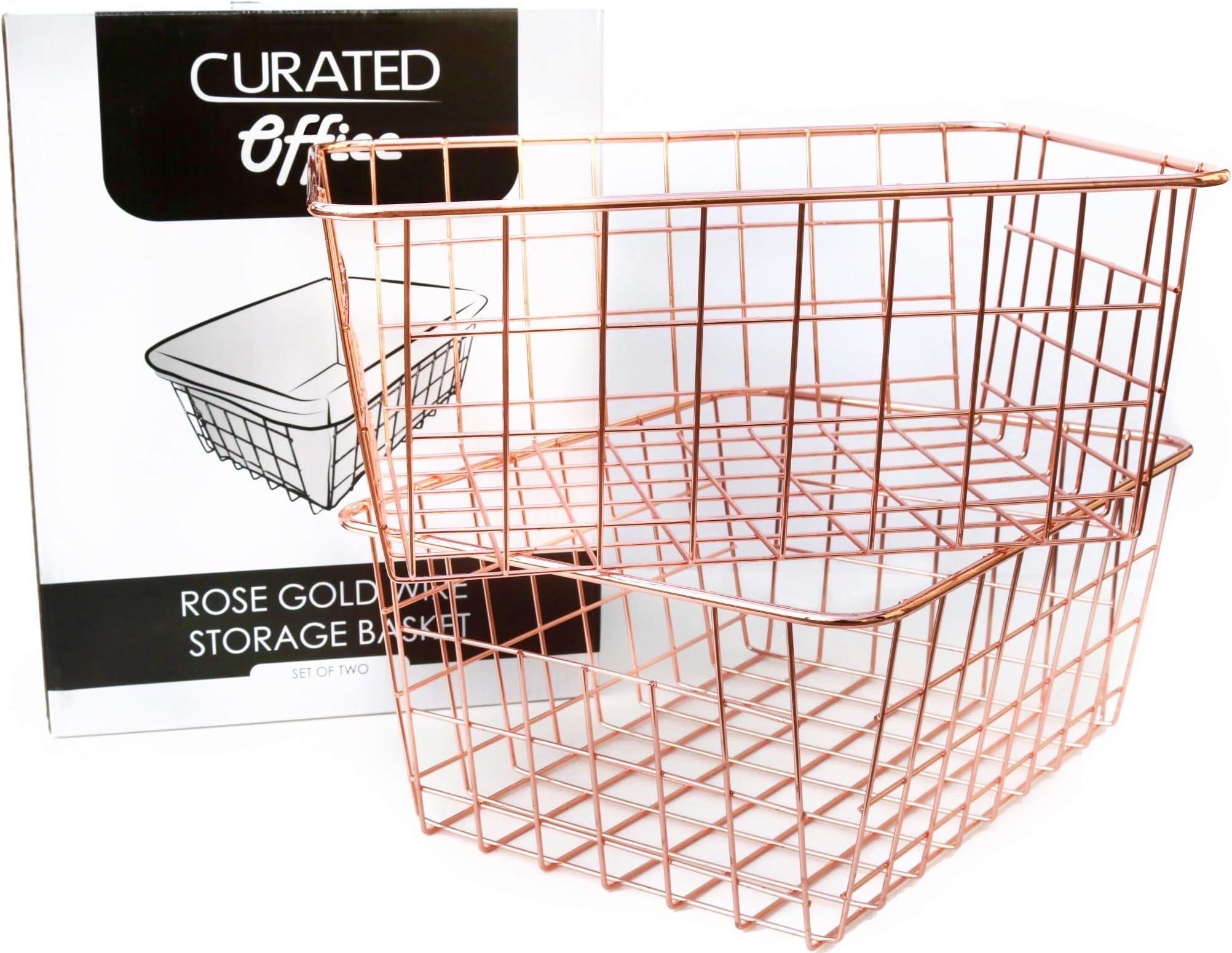 Curated Office - Rose Gold Wire Storage Baskets (Set of 2) | Rust Proof Steel Construction | Beautiful Polished Design | 11" x 8.7" Medium Sized Decorative Bin