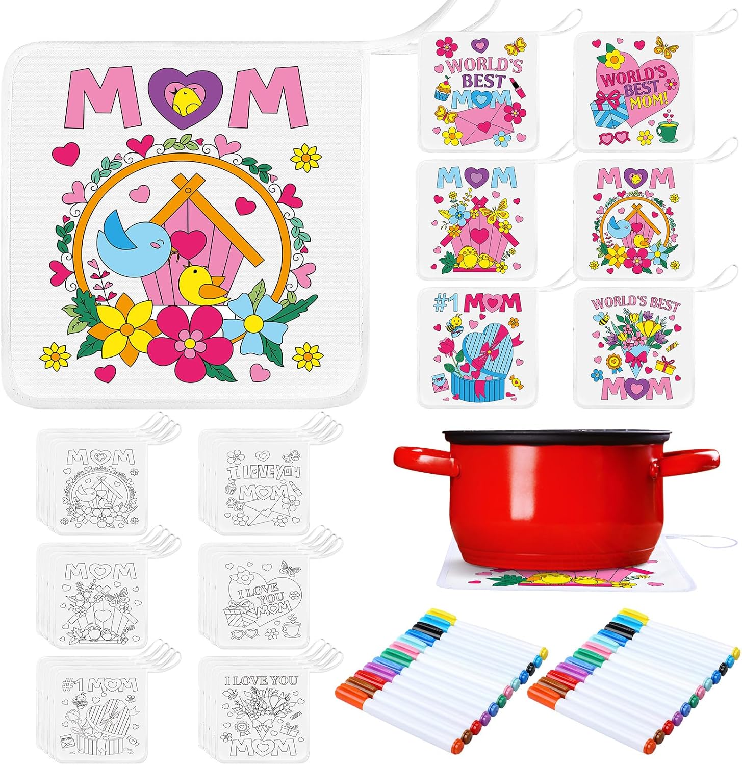 Willinglong 24 Set Color Your Own Mom Pot Holders Happy Mother's Day Kit from Kids to Mom School Crafts Fun Activities for Classroom School Toddlers Fun Activities DIY Craft