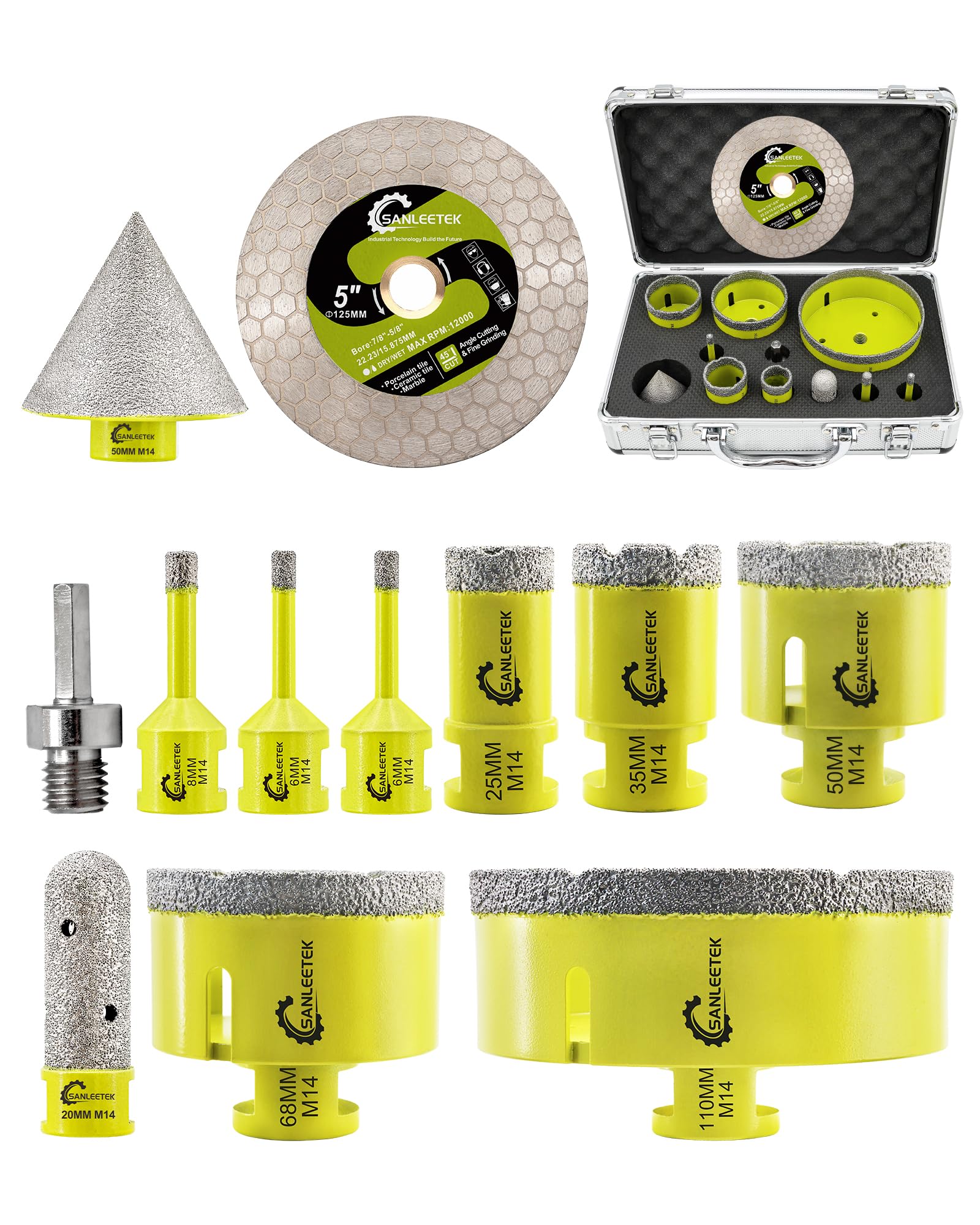 Diamond Core Drill Bits Set - SANLEETEK Diamond Hole Saw Kit 12pcs (6/6/8/25/35/50/68/110mm+20mm Finger Bit+50mm Beveling Chamfer Bit+125mm Saw Blade+Hex) for Porcelain Tile Ceramic Marble Granite