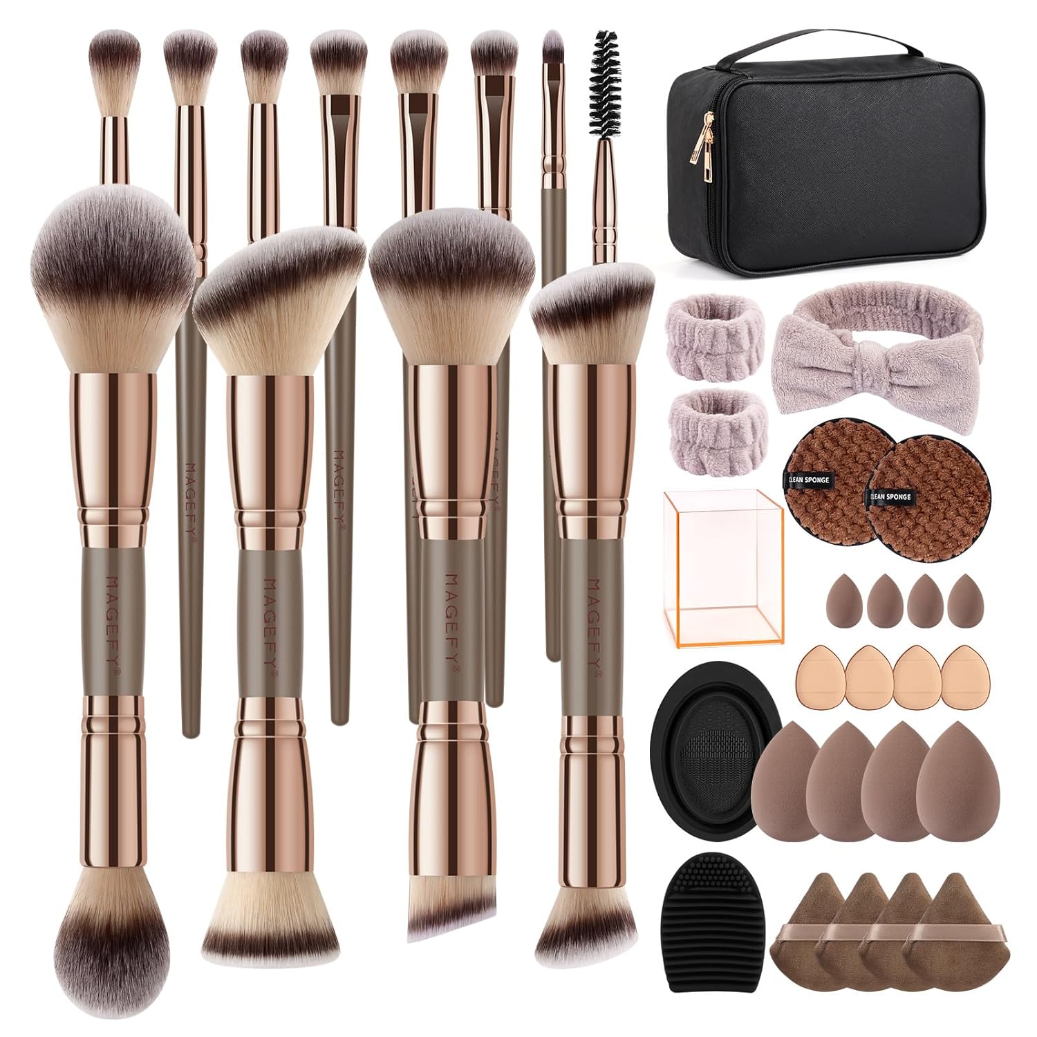 MAGEFY Makeup Brushes 37 Pcs Makeup Kit, Multi-functional Makeup Tool Set with Double-End Powder Blush Eyeshadows Brush Make up Brushes Set Bag,Champagne