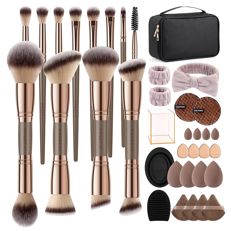 Kit de pincéis de maquiagem MAGEFY com 37 peças, dupla ponta e acessórios, Champagne