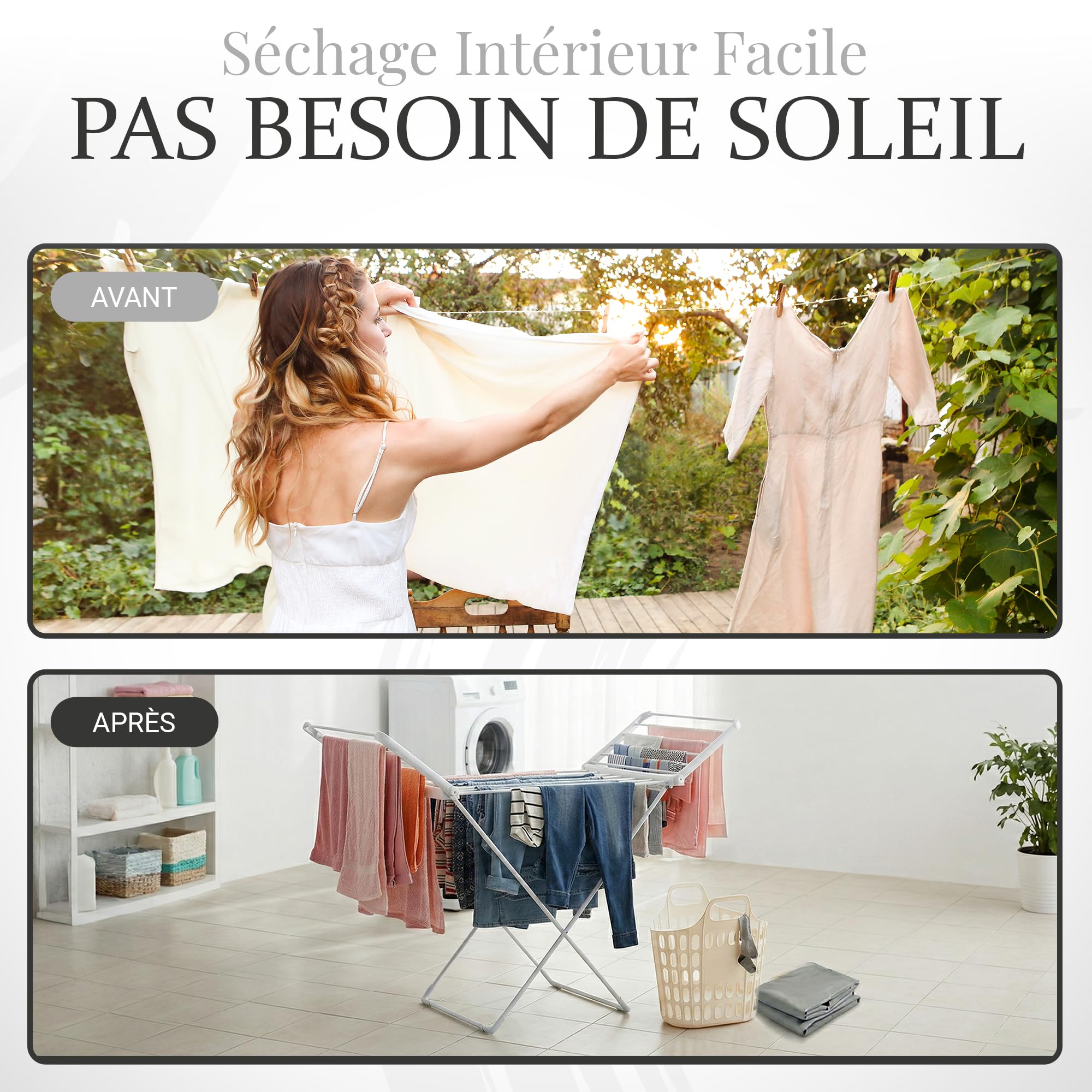 Étendoir à Linge Chauffant, Sèche Serviette Électrique Pliable, Sechoir a Linge Electrique Basse Consommation | 18 Barres Aluminium | Écran LED & Minuterie | Housse Thermique & Panier Inclus