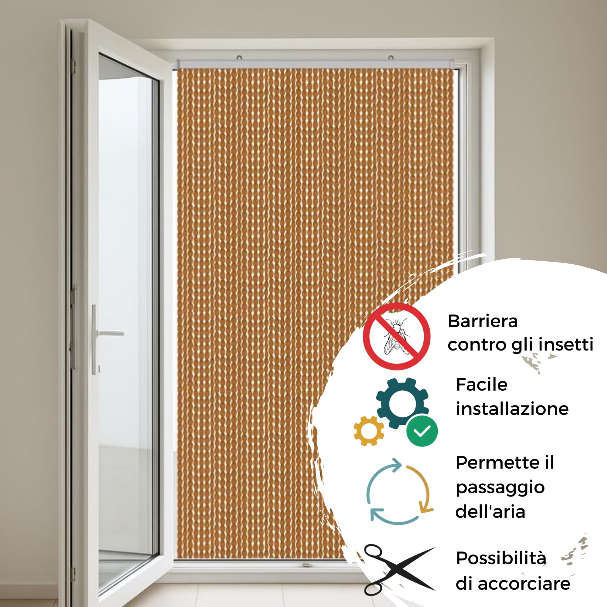 Tenda a Pannello, Moschiera con Frange a Fili Regolabili Morbidi - Antirumore, Antizanzare e Mosche - Comodo Passaggio Animali Domestici Telaio in PVC Viti e Tasselli Inclusi (RUGGINE, 100X220)