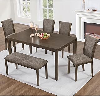 Harper & Bright Designs 6-Piece Dining Set with Bench, Farmhouse Kitchen Table for 6 & 4 Padded Chairs, Rustic Wooden Dining Room Furniture, Easy Assembly,Dark Walnut