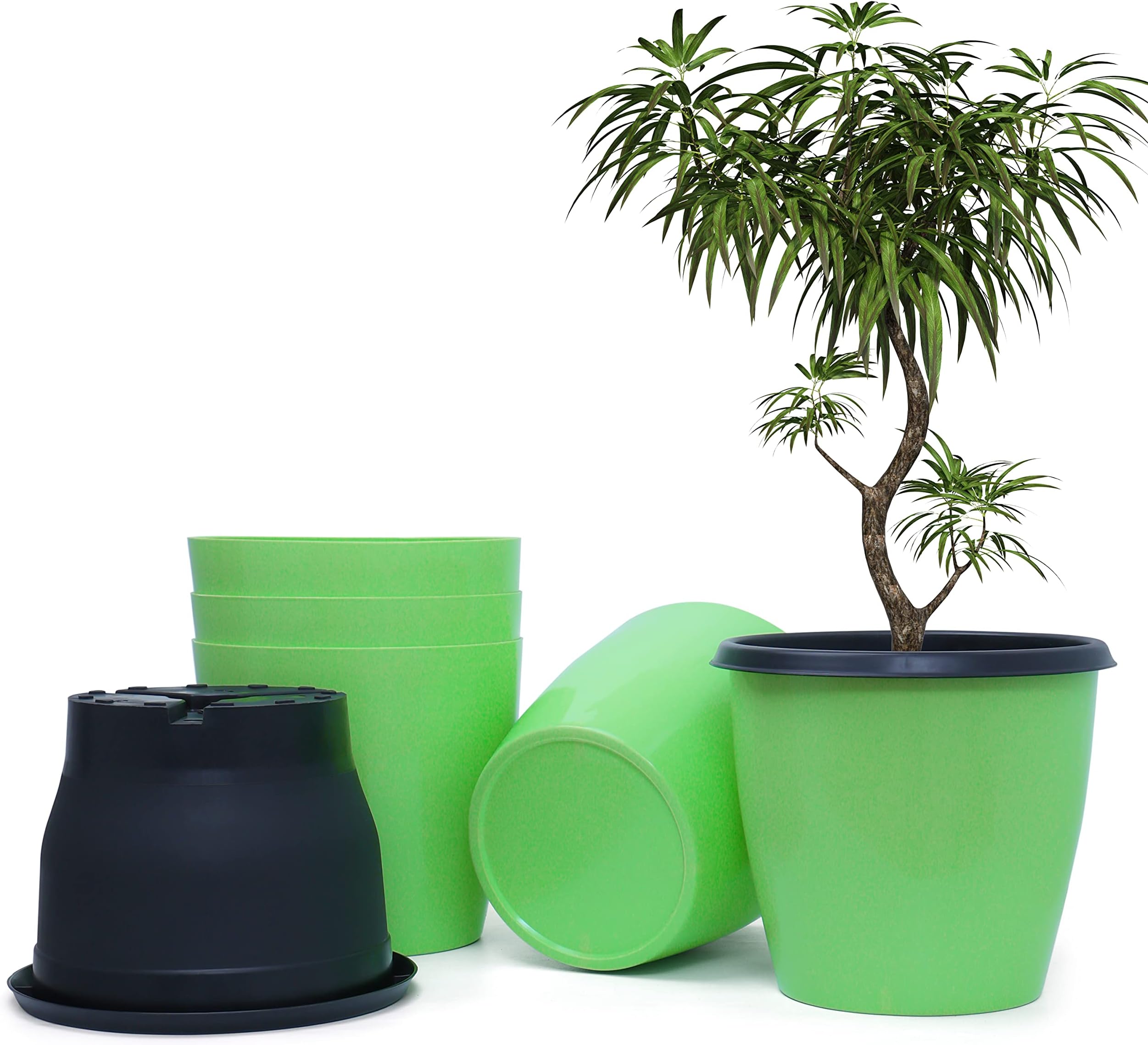 Livzing 10 Inch Plant Pot Pack of 5 (10 Pots) | Self Watering Indoor Pot | Green Outer and Black Inner Flower Pot | UnFadable - Low Maintenance Gamla | Suitable for Home Indoor and Balcony Plants
