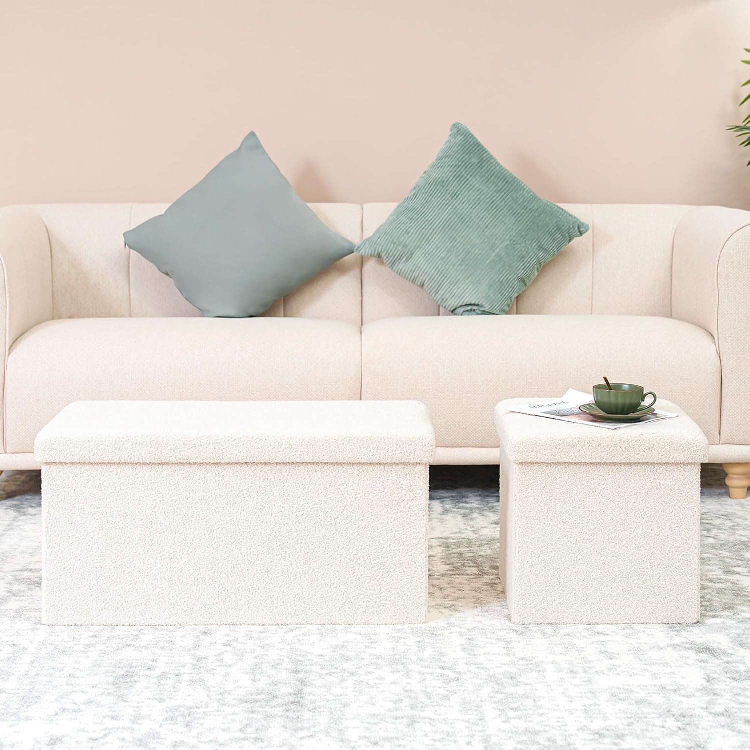 B FSOBEIIALEO Small Storage Ottoman Cube Sherpa Ottomans Foot Rest, Foldable Boucle Ottoman, Faux Teddy Fur, Cream White 15"x15"x15" - Image 8