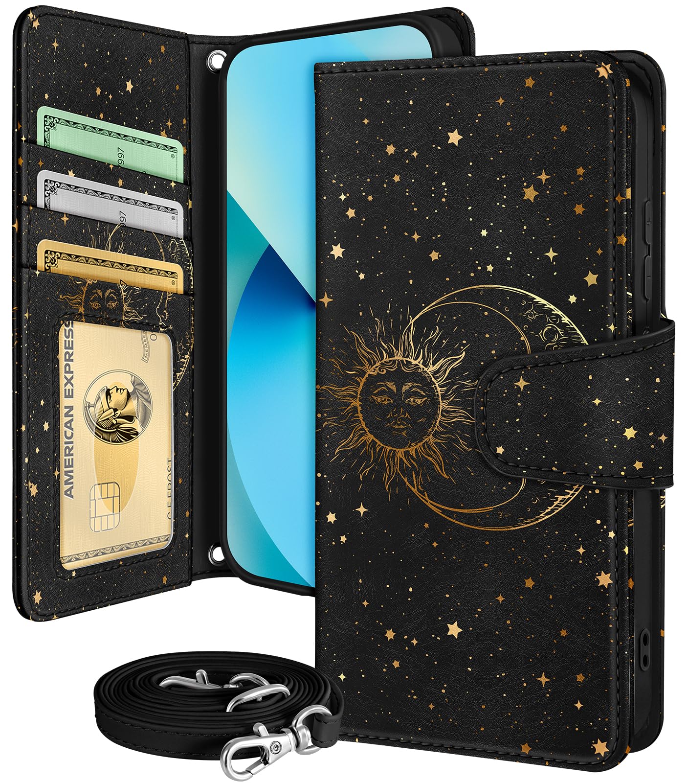 Photo 1 of Buleens for Samsung Galaxy S23 Wallet Case for Women - with Card Holder S23 Flip Case Leather Crossbody Cute Aesthetic Galaxy S23 Case with Strap Kickstand for Girls Girly, Black Sun Moon
