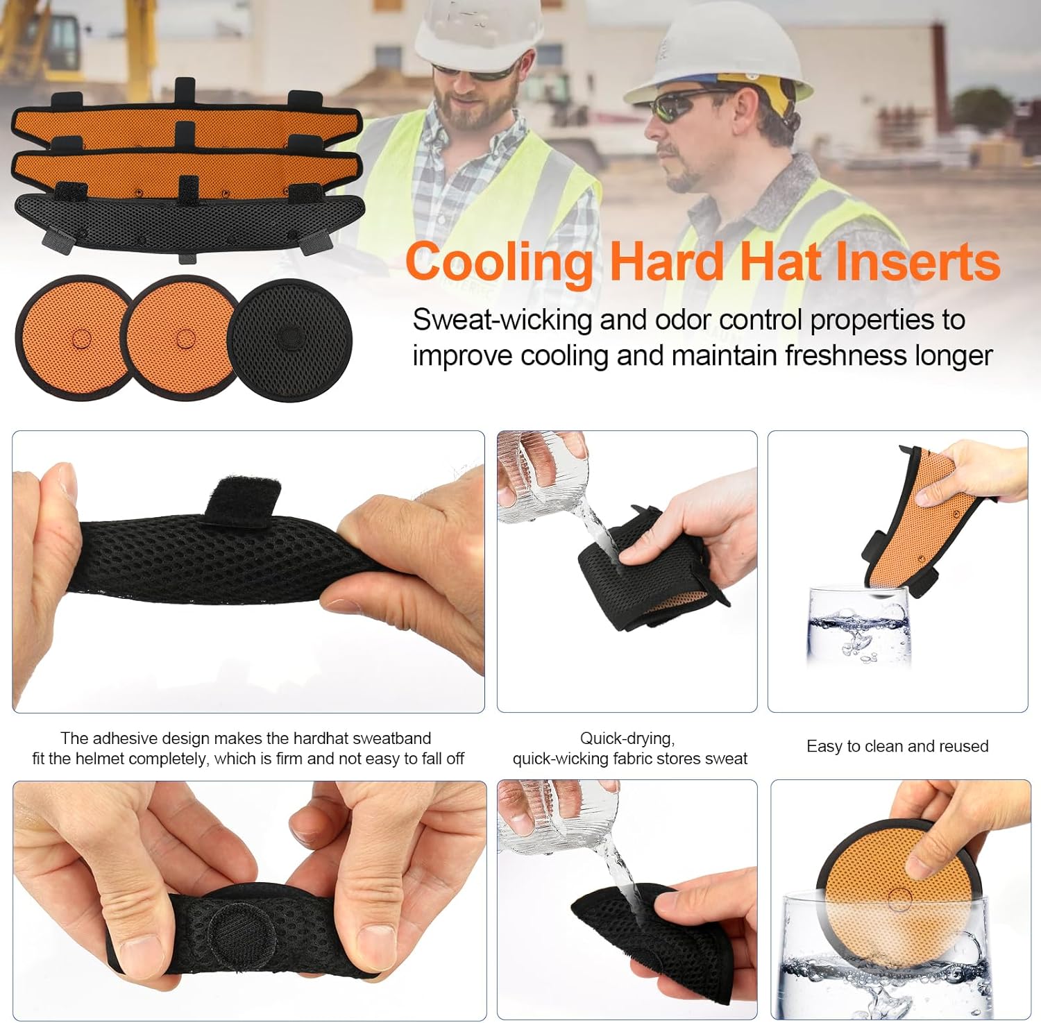 Hard Hat Top Pads and Sweatbands for Safety Helmet, Washable Reusable Hardhat Sweatband Cooling Liners Air Cushion Hard Hat Accessories, Suspension Sweat Band Replacement, Orange, 6 PCS
